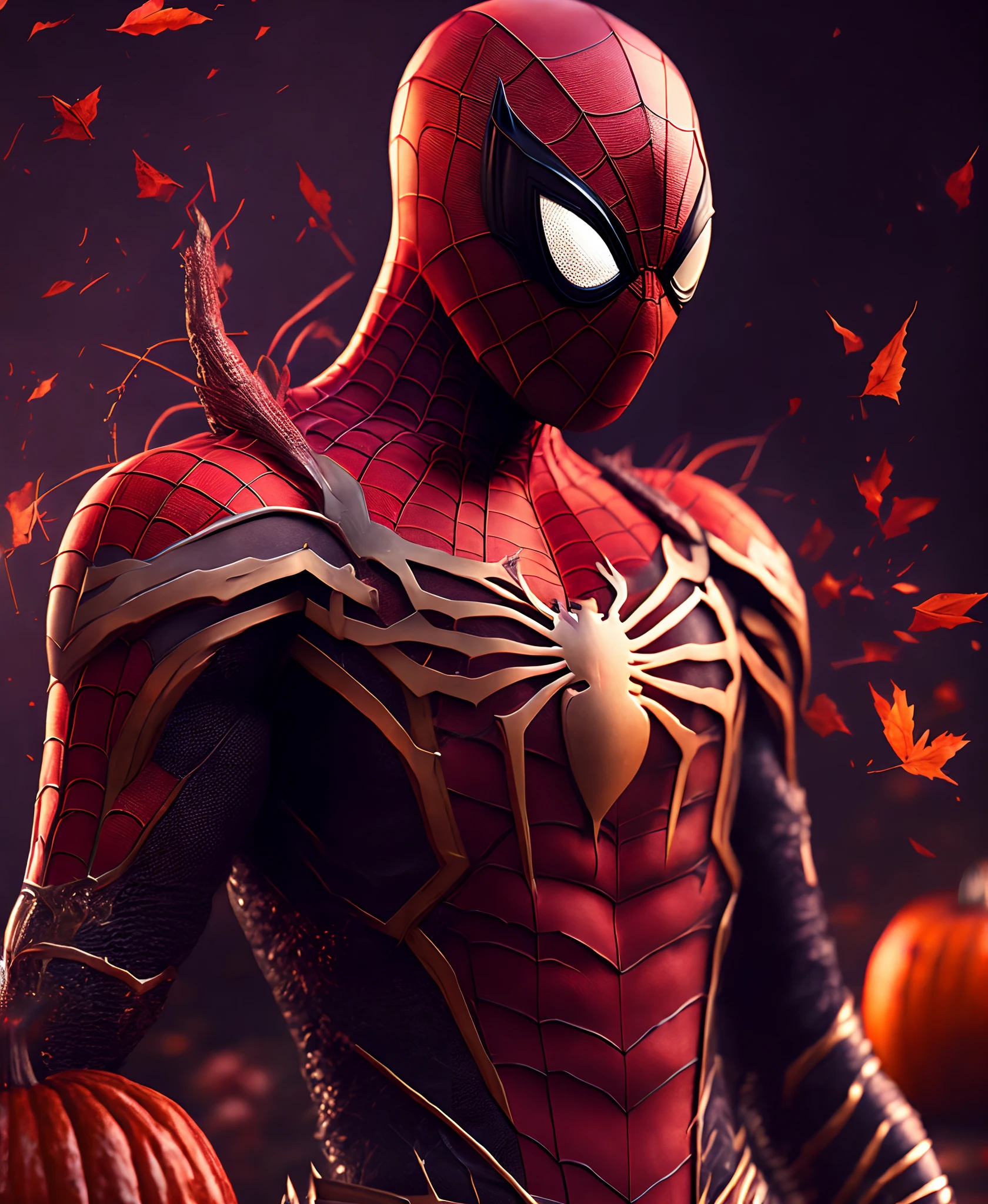Close-up (Spiderman suit inspired by a pumpkin from Marvel in Goth style: 1.3) emerging from the the pumpkin field, influenced by the colour red velvet, extremely detailed, smoke, sparks, metal shavings, flying debris, volumetric light