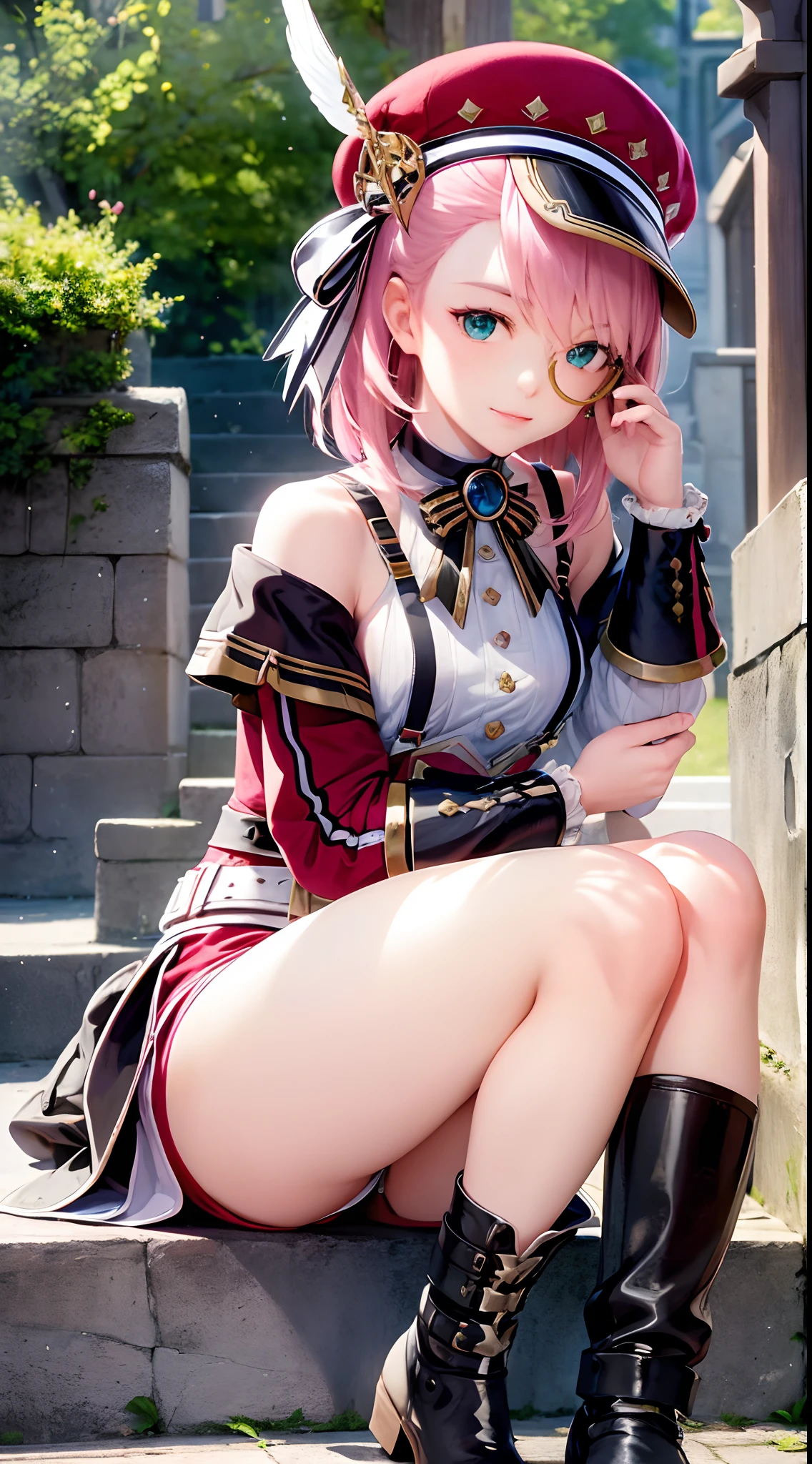 Hat, Pink hair, mitts, Bare shoulders, belt, Green eyes,thigh band, Detached sleeves, White shirt, monocle, Short hair, jewelry,ribbon, hat feather,, , 1girll, Solo, Smile, Simple background, (Best quality), ((Masterpiece)), (A high resolution), Original, extremelydetailedwallpaper,Shiny, chromatic aberration abuse, Detailed background, vivd colour, (Highly detailed face and hair,As well as skin and eyes,Fingers and cloth as well as background and hair:1.2),beautifullegs,Wear boots,Correct limbs,,Place your hands in the right position,full bodyesbian,sitted,ssmile,Be red in the face,exteriors,In the daytime,simple backgound,blue-sky,short detailed hair,Skysky,Temple,looking at viewert,sit on stairs,mont,Moody light,