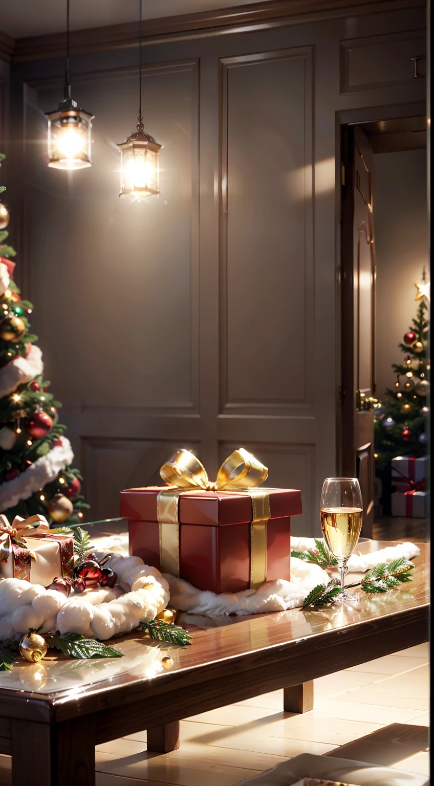 Extreme close-up,clear,tmasterpiece,A Christmas table,It is stocked with delicious Christmas food and wine,Bright natural light,Surrounded by beautiful gift boxes、toys、liveroom、C4D、Empty product display scene