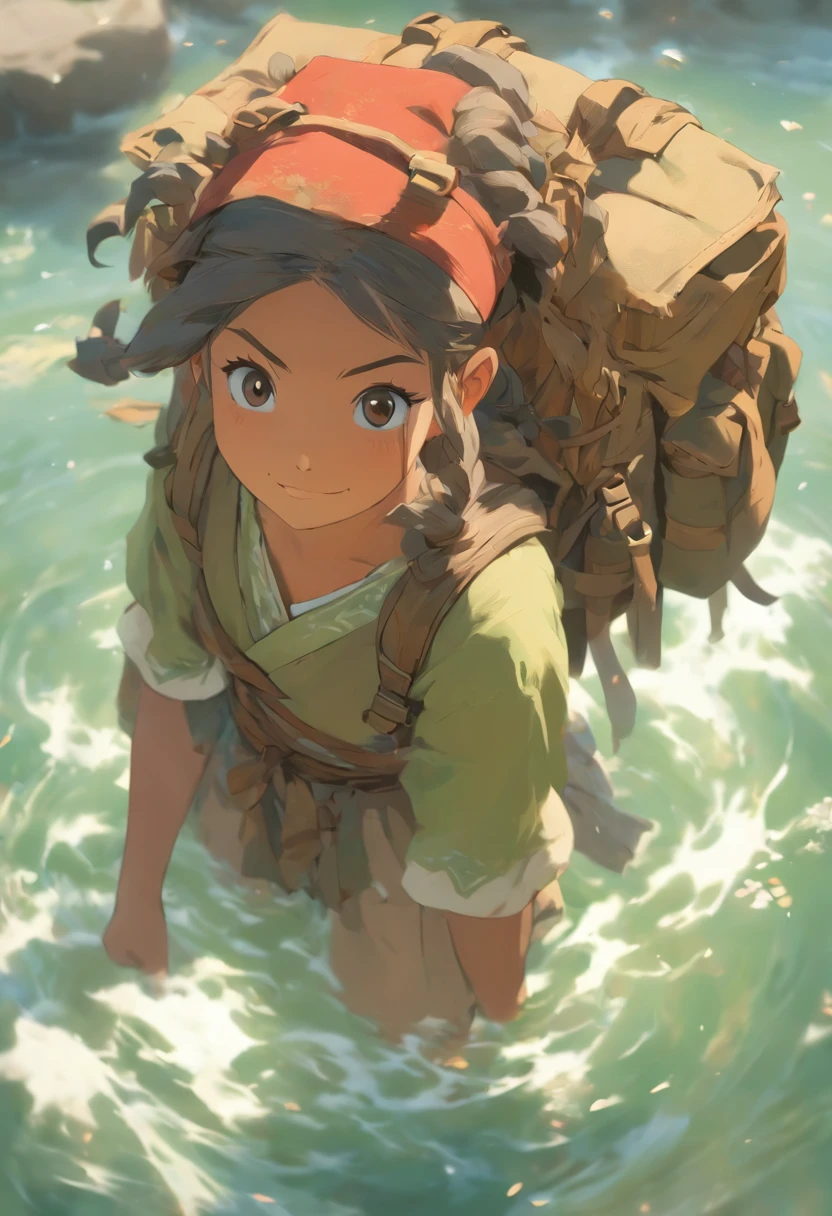 "Create an image of a young traveler with an old backpack slung over her shoulder, and a canteen of ancient water securely fastened to her waist. She embodies the juxtaposition of a humble peasant with the visual style and demeanor of a seasoned warrior. This character should convey a sense of resilience, resourcefulness, and a rich backstory through their appearance."