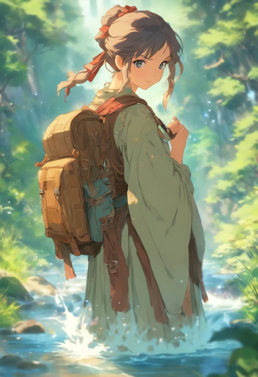 "Create an image of a young traveler with an old backpack slung over her shoulder, and a canteen of ancient water securely fastened to her waist. She embodies the juxtaposition of a humble peasant with the visual style and demeanor of a seasoned warrior. This character should convey a sense of resilience, resourcefulness, and a rich backstory through their appearance."