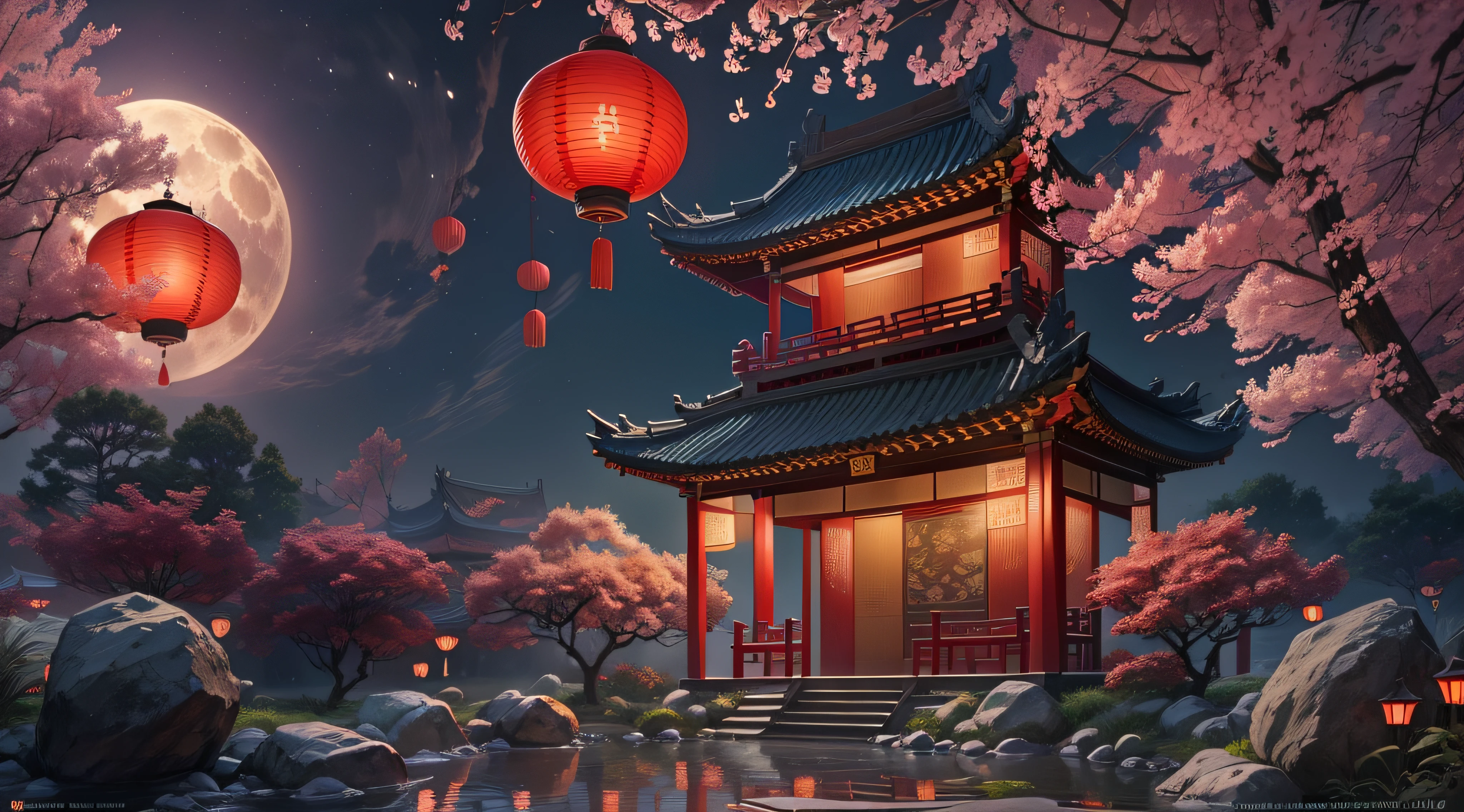 (Best quality,4K,8K,A high resolution,Masterpiece:1.2),Ultra-detailed,(Realistic,Photorealistic,photo-realistic:1.37),mid-autumn festival, admiring the moon, Flowers, landscape, Vivid colors, Warm tones, Soft lighting, Beautifully decorated garden, Full Moon, glowing lanterns, tranquil ambiance, autumn wind, flying light, a joyful atmosphere, Traditional Chinese gardens, Crimson lanterns cast a warm glow, Peaceful night view, Celebrating Chinese culture and traditions