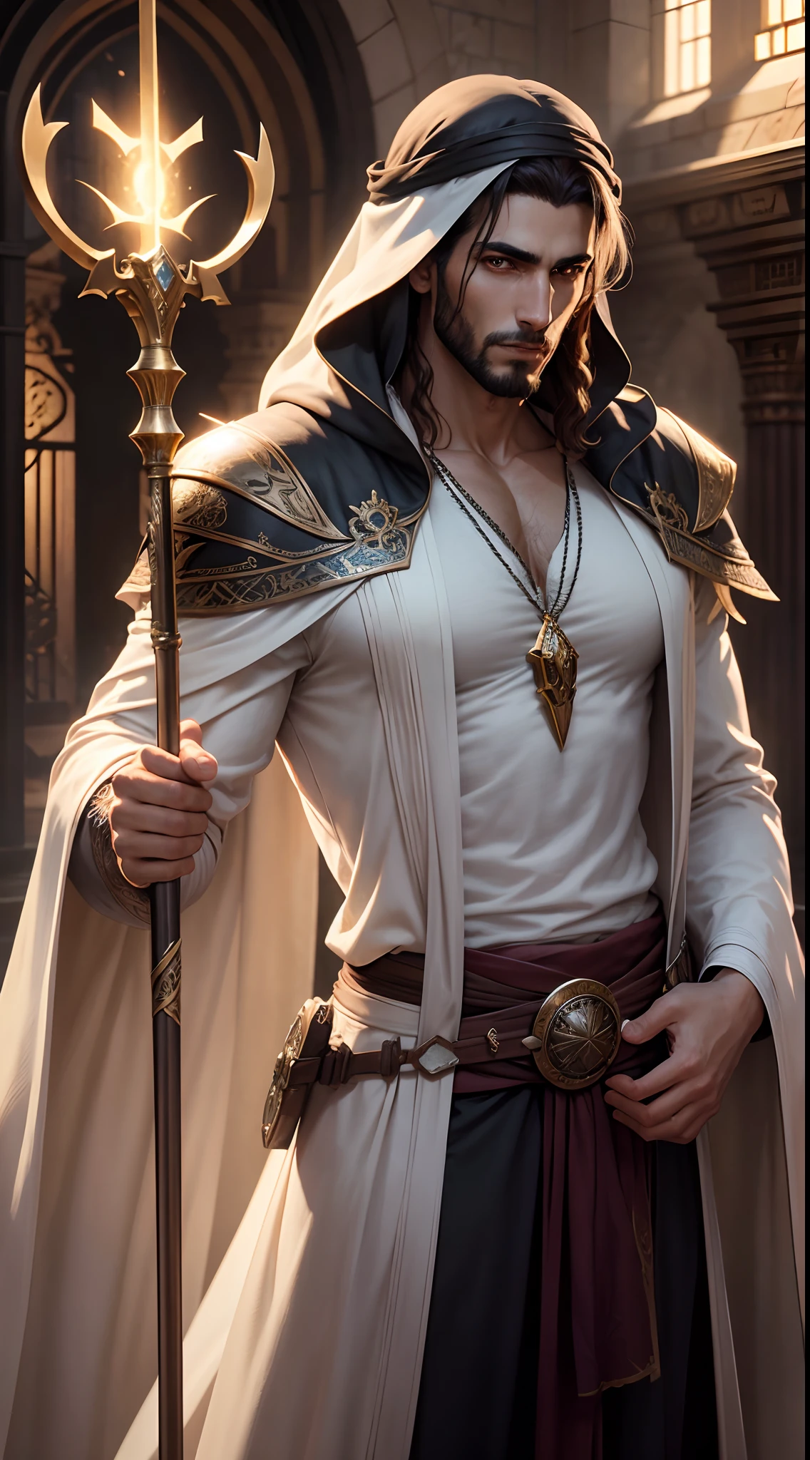 (absurdres, highres, ultra detailed), 1 male, adult, handsome, tall muscular guy, broad shoulders, finely detailed eyes and detailed face, the fool \tarot\, desert, camel, middle eastern clothes, Symbolism, Visual art, Occult, Universal, Vision casting, Philosophical, Iconography, Numerology, Popularity, Artistic, Alfons Mucha