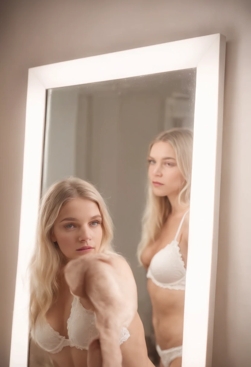 blonde girl taking full body mirror selfie with underwear