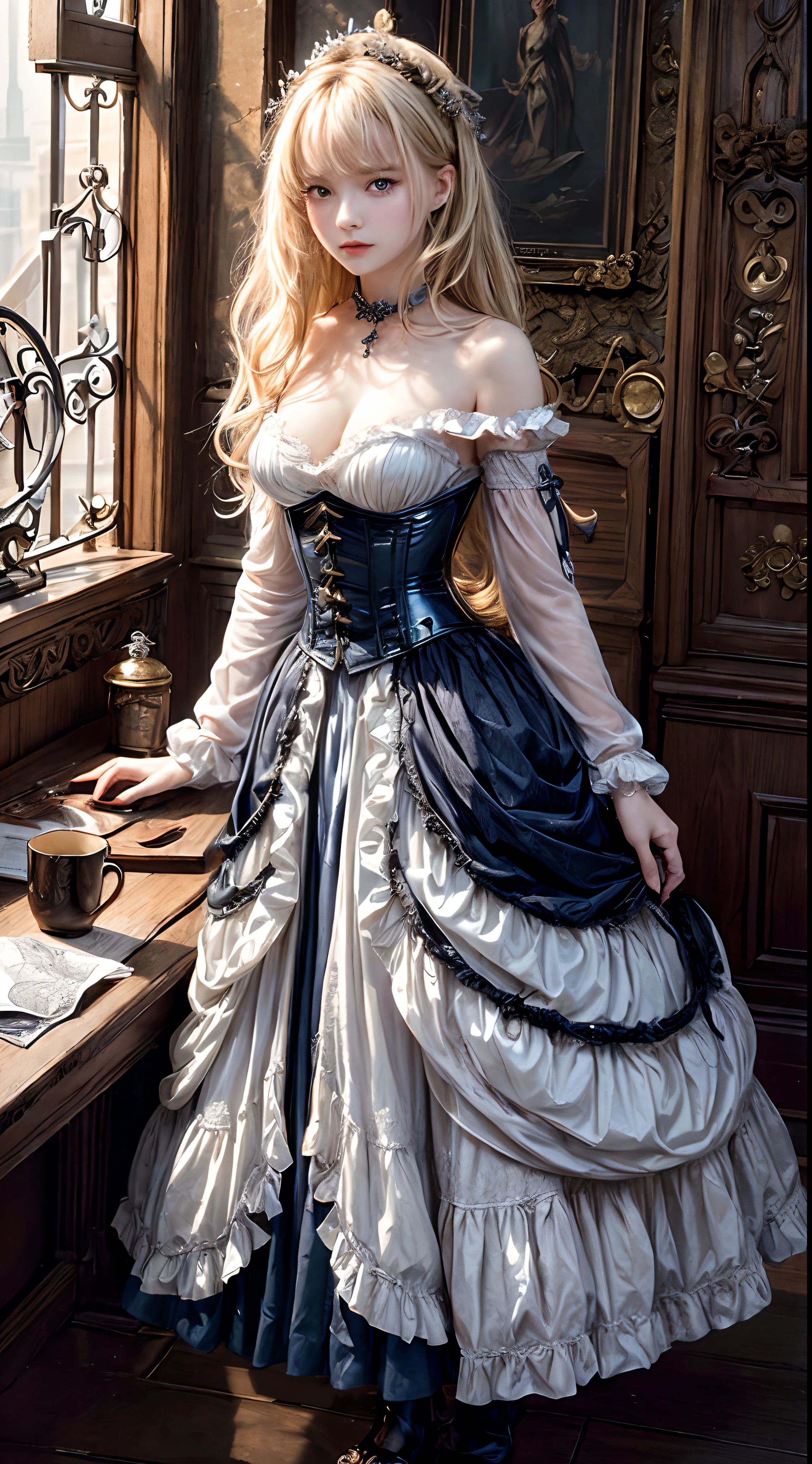 (((masterpiece)))、((top-quality))、(The ultra-detailliert)、(CG Illustration)、(Very Beautiful ))、Cinematic Light、((1 Mechanical Girl))、 scientific fiction、Apocalypse、Erotic grotesque、research institute(Beautiful and indulgent:1.2)、(1girl in:1.3)、Facing the front,a blond,Corset Belt,blue high waist skirt,