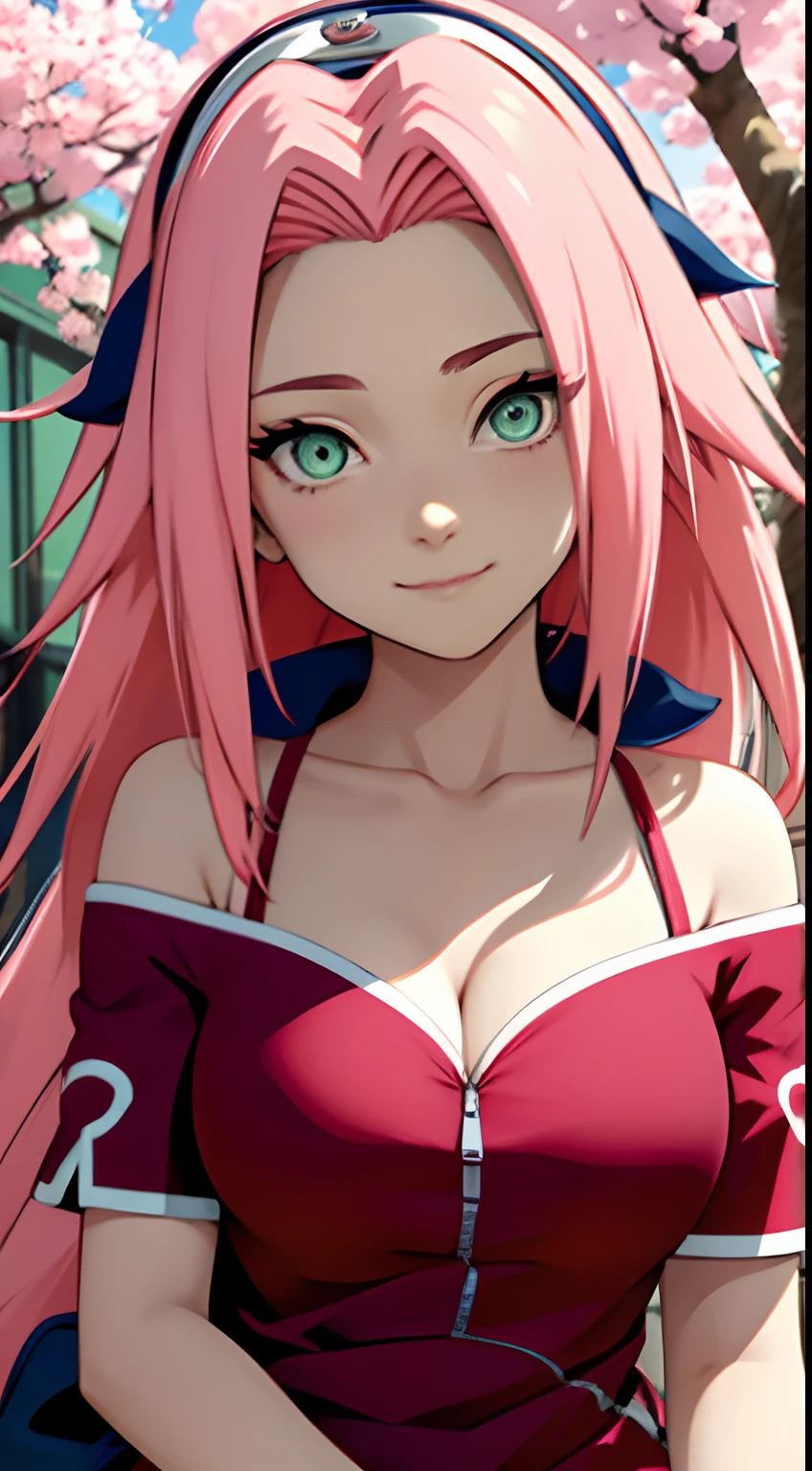tmasterpiece, best qualtiy, 1girll, Sakura Haruno, Large breasts,Off-the-shoulder clothing,(cleavage),(upper body closeup),Raised sexy,is shy,ssmile,With pink hair, Long whit hair, (Green eyeballs:1.4), Forehead Protection, The cherry tree,Cherry blossoms fly,Red clothes,Zipper Half