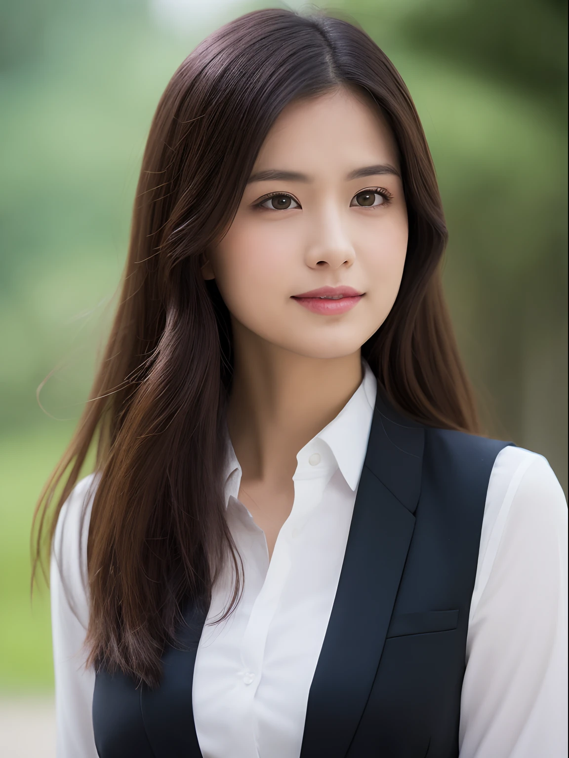 ((best qualtiy,8K,tmasterpiece:1.3)), 1girll, ssmile, full body Esbian, Slim Faces, Beautiful woman, with short dark brown hair, White crisp shirt at upper body, Black straight leg suit pants at the bottom,Bra Big,high-heels, Super Detailed Face, Detailed eyes, 二重まぶた, blur backgroun, Slim Faces, Tall house