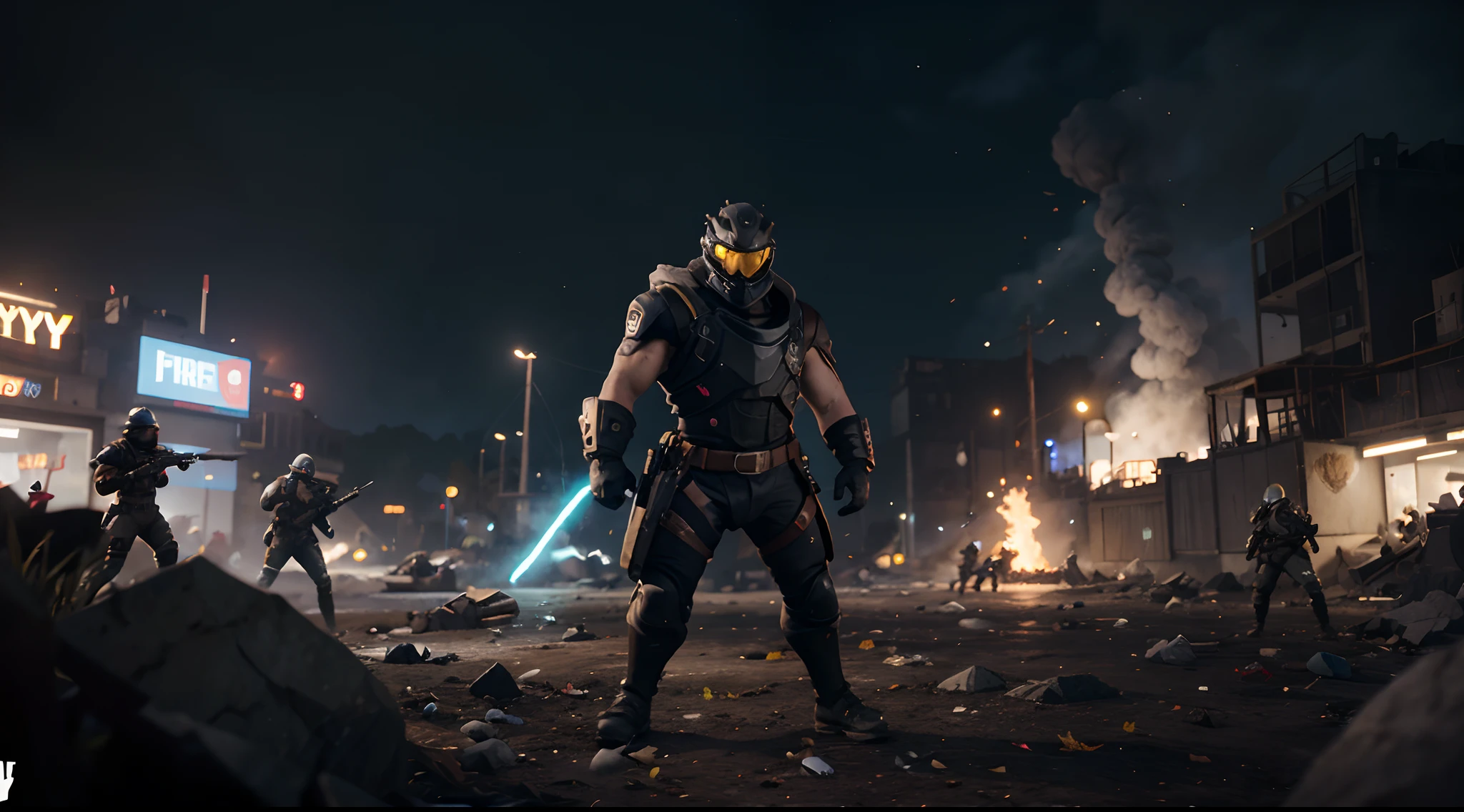 Mostrar o papel de parede da tela de abertura de um jogo que estou criando chamado FuryFall. This game will be a Battle Royale as a combination between Fortnite and Free Fire. O Wallpaper deve se parecer um pouco com o Fortnite com coisas neon, Multiple players in pro player outfits Some Squads, letreiro e emblema do FURYFALL (FF).