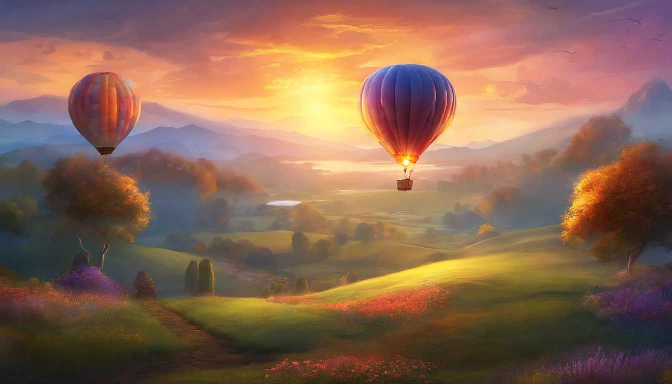 hot air balloon in the evening,beautiful detailed eyes,beautiful detailed lips,extremely detailed eyes and face,longeyelashes,illustration,ultra-detailed,(best quality,4k,8k,highres,masterpiece:1.2),ultra-detailed,realistic,photorealistic, HDR,vivid colors,studio lighting,portrait style, sunset color palette, soft lighting, dreamy atmosphere, mesmerizing view, floating in the sky, tranquil landscape, vibrant hues, serene ambiance, gentle breeze, graceful movement, dainty features, golden hour lighting, breathtaking scenery, peaceful setting, ethereal glow