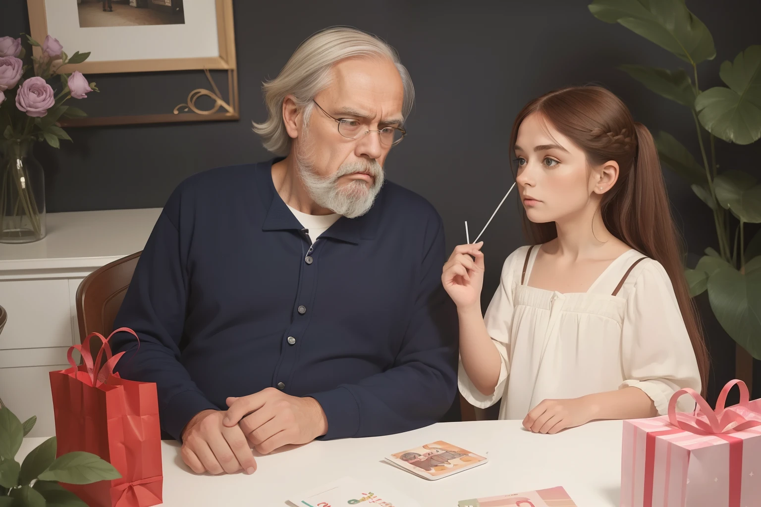year: 2023. Location: Sweden. Pre-Raphaelite scene with a 59-year-old man, thin, ((clean classic look)), ((grumpy)) ((strict)), in a birthday party, with the 8-year-old birthday girl, happy, ((gift bag)), presents, ipad, ((((casual Clothing from the 2020s)))) ((Hairstyle of the 2020s)), ((("OMITB" cinematography)))