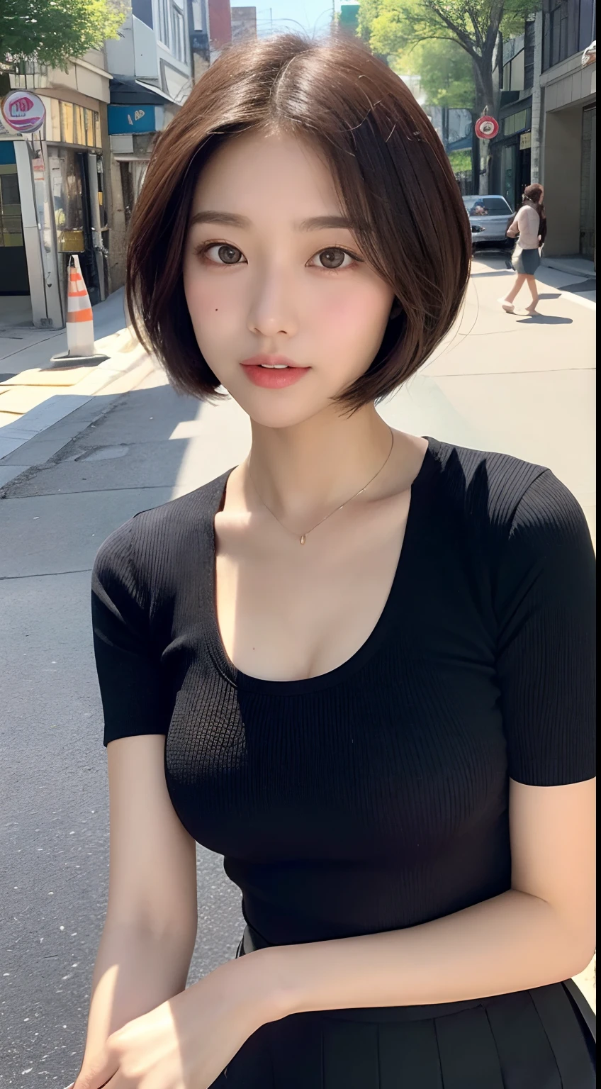 ((best qualtiy,8K,tmasterpiece:1.3)),Perfect beauty:1.4,glute:1.2,(Layered Hair Style:1.2)),(the street:1.3),Highly Detailed Face and Skin Textur,full bodyesbian,Elaborate Eyes,二重まぶた,Whitens the skin,Short wave hair,Cute Korean beauty(with a round face:1.5),(Black top,short skirt:1.6)ssmile