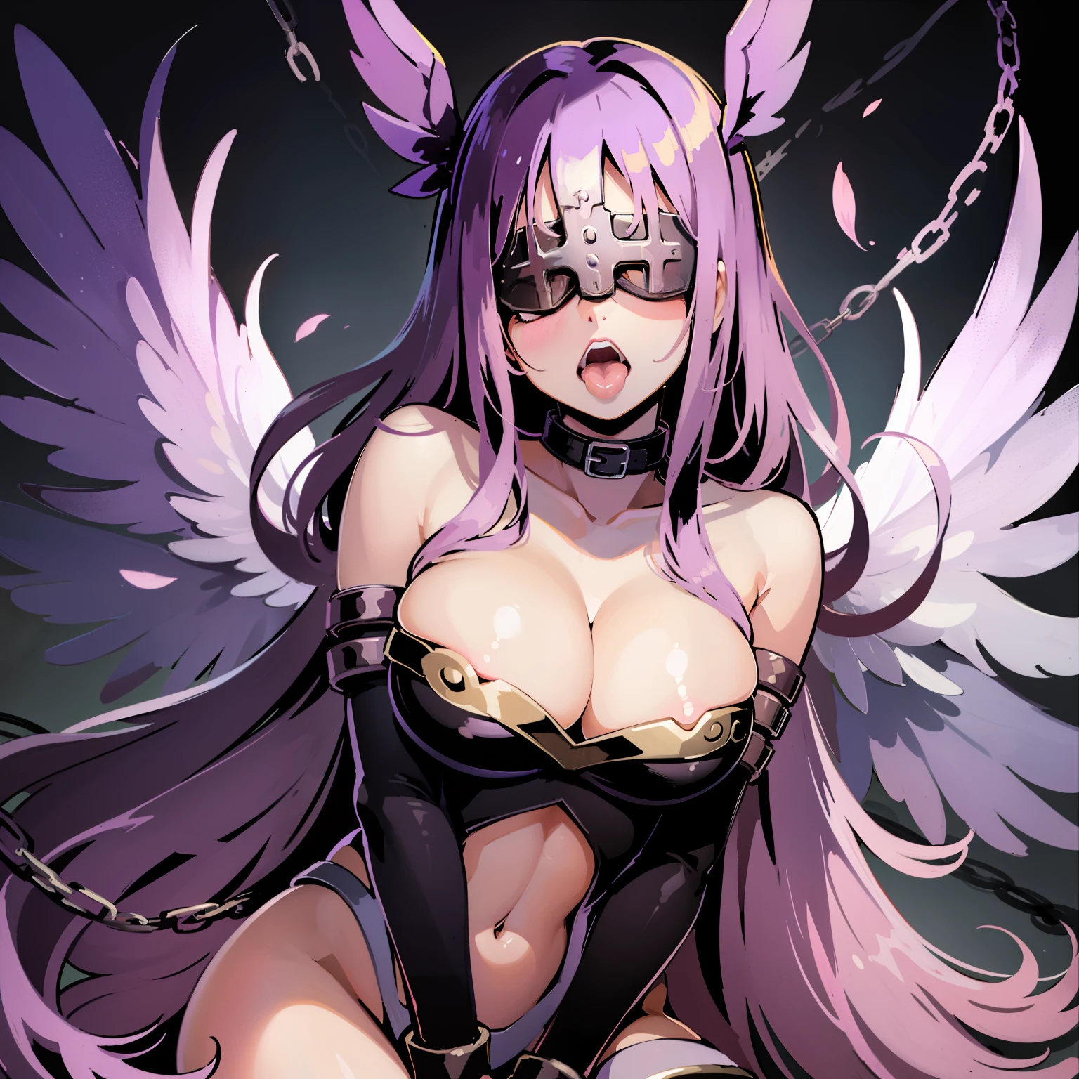 (masterpiece, best quality), (cowboy shot) angewomon, covered eyes, purple hair, (covered eyes:1.7), long purple hair,
Fate go, Medusa, angel wings, bare shoulders, elbow gloves, feathered wings, gloves, head wings, helmet, navel, pink ribbon, ribbon, single elbow glove, single glove, thigh strap, wings, adult, big chest, cleavage, full body chest, Grab your own breasts, One girl, black and purple clothes, white and gold, breasts exposed, exposed nips, open Torso, thin white robe, purple hair, lewd face, sexual expression, surprised face, open mouth, blushing, blushy red cheeks, wet tongue, tongue sticking out, string of saliva, radiant lightning shining from background center, drool, right hand on collar bone, left hand on inner thigh, sweaty, hot, chains, binds, chain collar, chain cuffs,