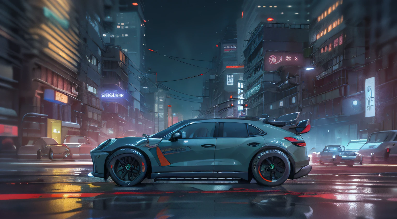 Diesel punk AI road race with a Diesel punk AI modified 2023 (Porsche Cayenne)(but with) detailed retro-futuristic architecture,ultra-detailed AI Porsche Cayenne exteriors,hot fiery exhaust pipes,massive black tires with silver rims, fast-speed (motion blur),heated asphalt,powerful engine sounds,multiple AI-modified sports cars racing,futuristic cityscape scene,neon lights shining through the night, flying drones capturing the race, best quality,high-res 4k,sharp focus,realistic physics-based rendering,vibrant colors,bluish-green color tones,intense studio lighting