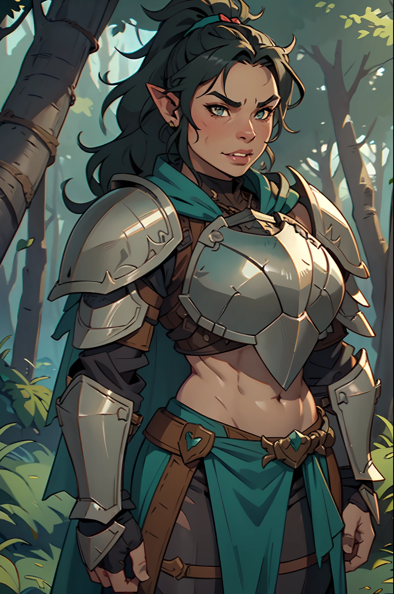 Solo, orc, girl, standing, muscular, (tusks, underbite), forest, teeth, ((armor, chestpiece, knight)), (big lips, thick lips), smirking, tan skin, ponytail, messy hair, wavy hair, abs, teal cloak, bare legs