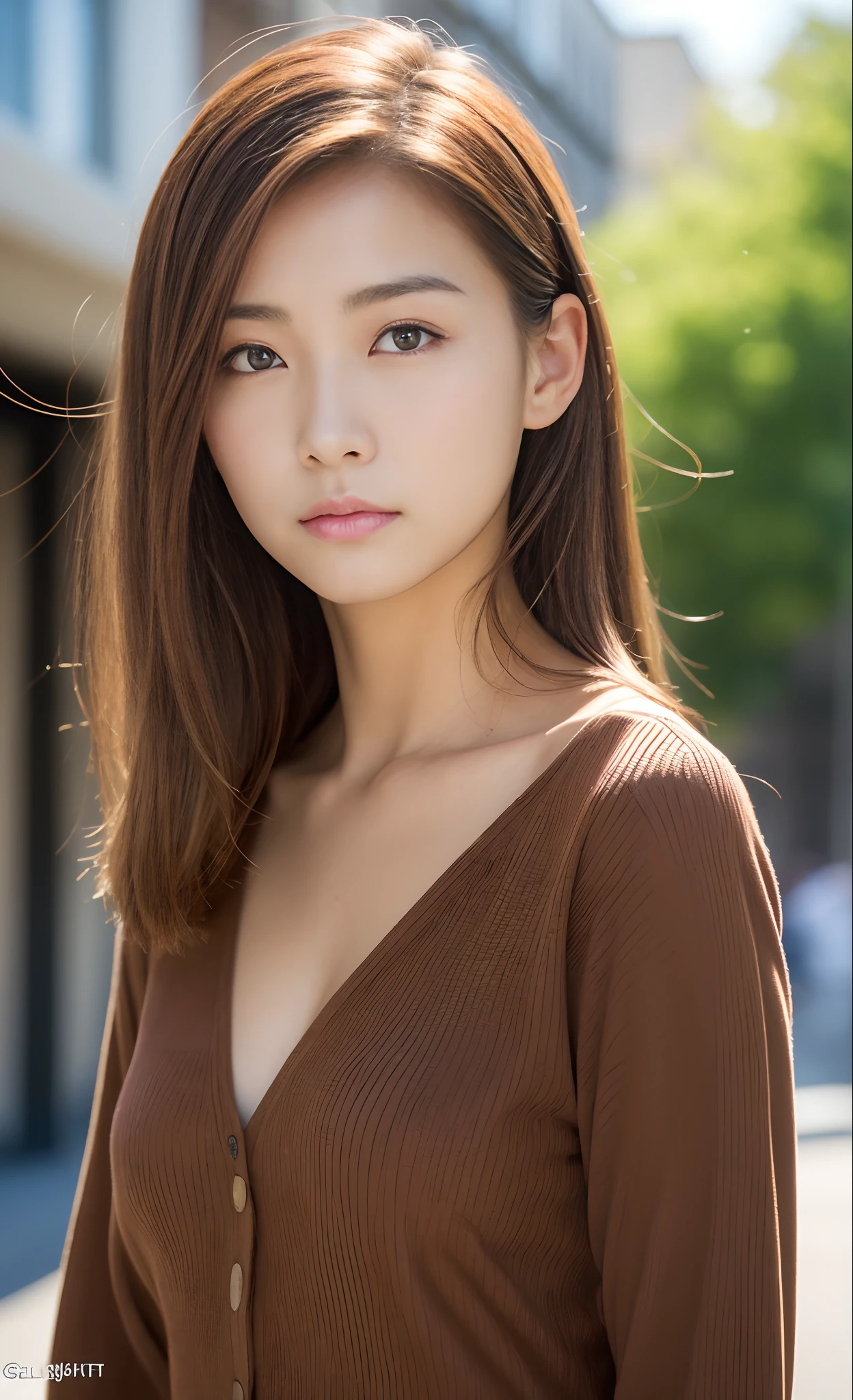 ((Best Quality, 8K, masutepiece :1.3)), Sharp Focus :1.2, Perfect figure beautiful woman:1.4, Slim abs:1.2, ((lightbrown hair, small tit:1.2)), Paisley long-sleeved shirt,(Natural light, the city street:1.1), Highly detailed facial and skin texture,A detailed eye,二重まぶた、Background is a university campus