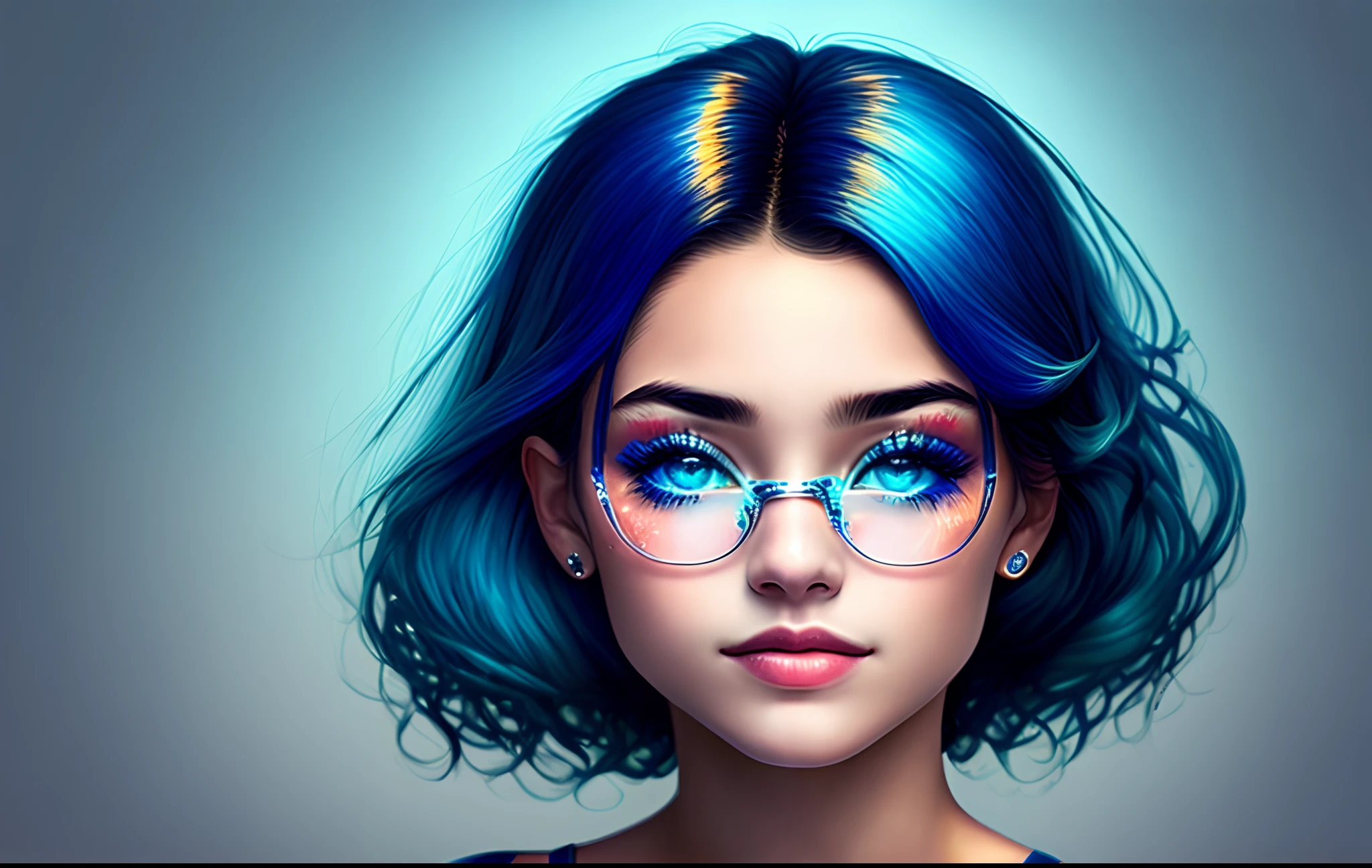 Mulher com peitos grandes olho azul com o cabelo preto realista