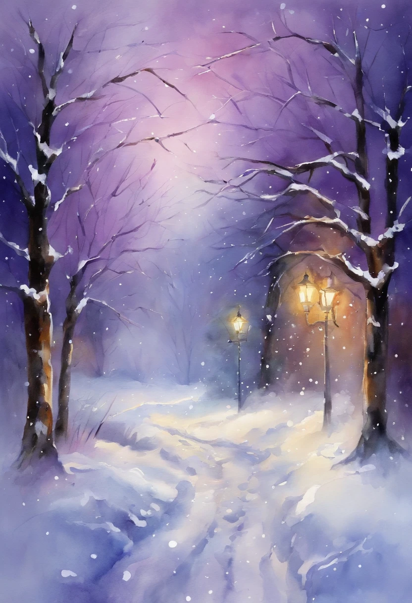 Best Quality, masutepiece, 超A high resolution, (photos realistic:1.4),Fantastical It's snowing Christmas Light purple atmosphere Snow falls