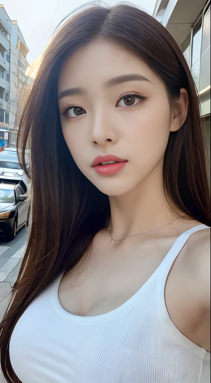 ((Realistic lighting, Best quality, 8K, Masterpiece: 1.3)), Clear focus: 1.2, 1girl, Perfect beauty: 1.4, Big breasts: 1.2, Slim abs: 1.1, ((dark brown hair)), (White crop top: 1.4), (Outdoor, night: 1.1), City streets, Super fine face, fine eyes, Double eyelids,