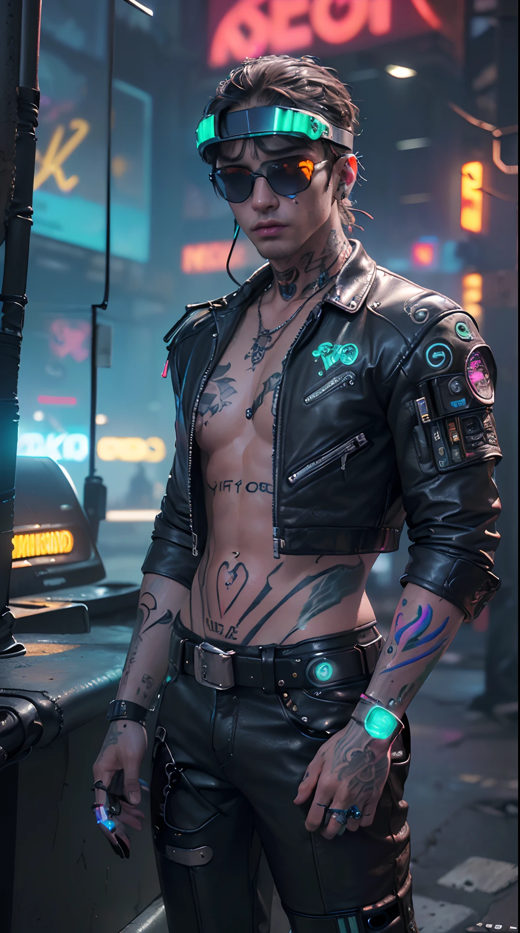 best quality,4k,8k,highres,masterpiece:1.2), ultra-detailed, (realistic,photorealistic,photo-realistic:1.37), studio lighting,physically-based rendering,vivid colors, (cyberpunk, men, cyberwear and cyborg modifications, leather and metal apparel, visors and sunglasses, neon highlights, tattoos and body art, accessories and jewelry:1.5),
