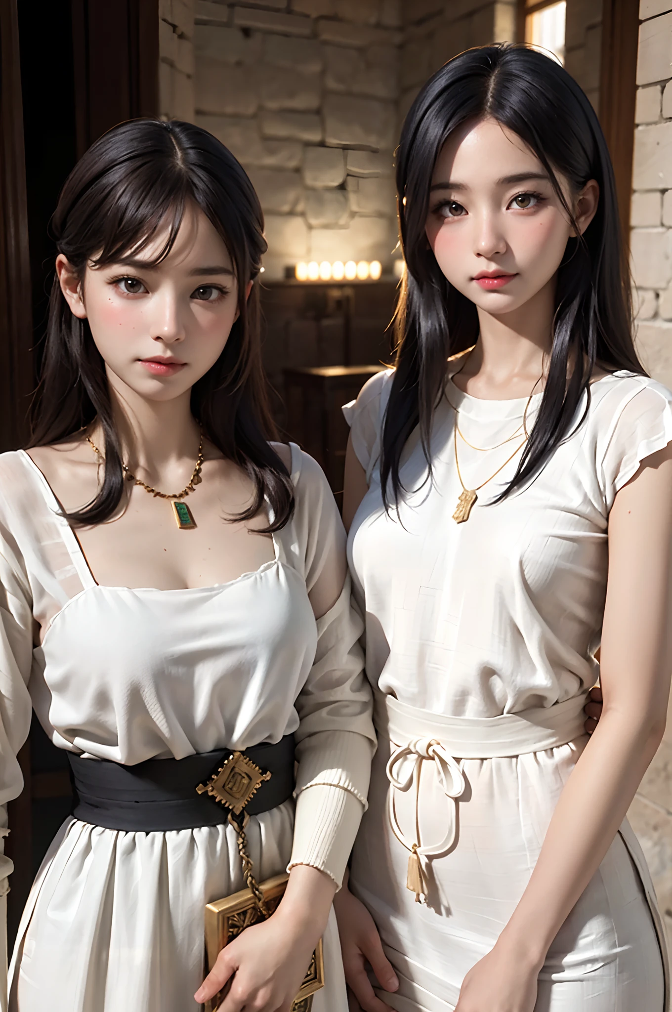 high quality, ultra-realistic,closeup portrait of two Beautiful women of ancient Mesopotamia, full body, ancient Mesopotamian civilization, Babylonia, Uruk, tunics of various lengths, linen garments, agate necklaces, paisley clothing, Kaunakes, bronze ware, a little smile, high adobe walls, luminism, 3d render, octane render, cinematic, Isometric, awesome full color, 8K Ultra HD, by yukisakura, high detailed,