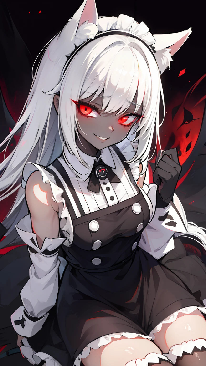 White hair，bit girl，dual horsetail，black-skinned，One eye is covered by bangs，cat ear，the maid outfit，Devilish charm，Sinister smile，Black whites of the eyes，Magic Array，Black and red background，slope，Cthulhu，Dark