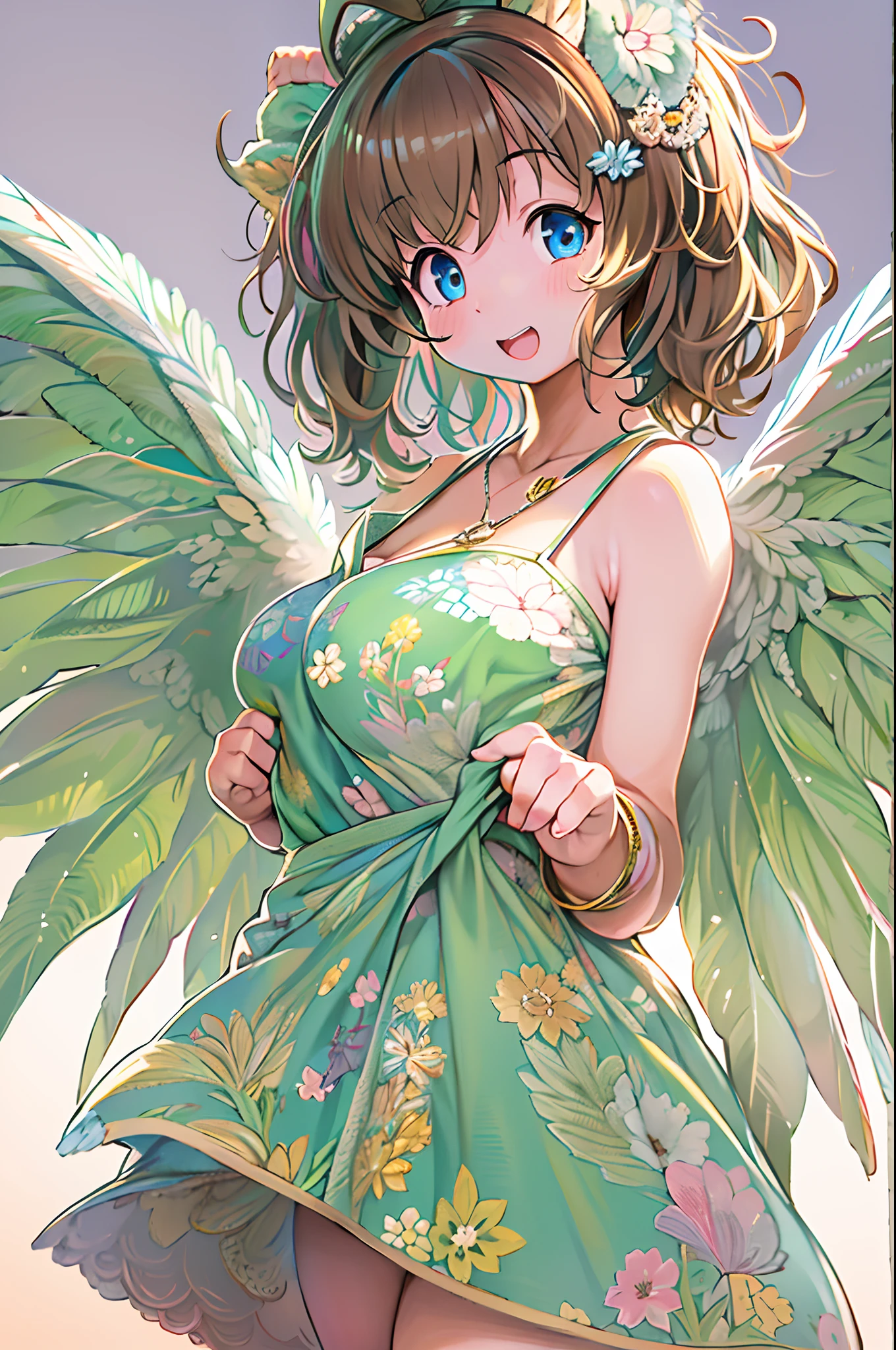 High resolution, Best Quality, masutepiece, Ultra high definition, Ultra high definition, A hyper-realistic, 。.3D, Anime, Illustration, Solo, Very beautiful and cute woman in her 20s, She wore a light floral miniskirt length dress、Flapping wings, Her hair is moving, Full body, Great perfect proportions, Glossy light brown medium hair, High layer cut, Bora hairstyle, Bright blue eyes, Happy, Shy