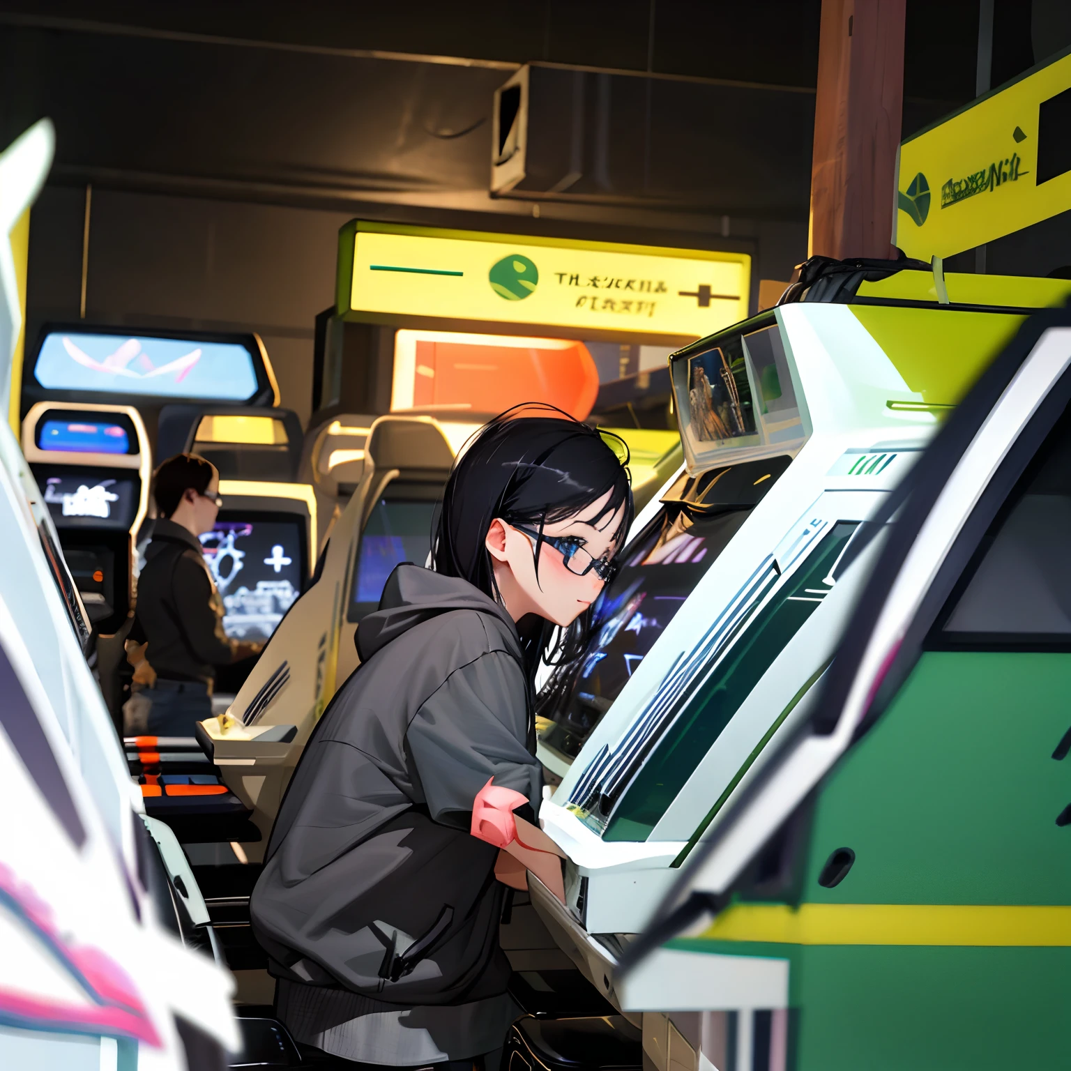 Green clothes hoodie cute black hair girl glasses