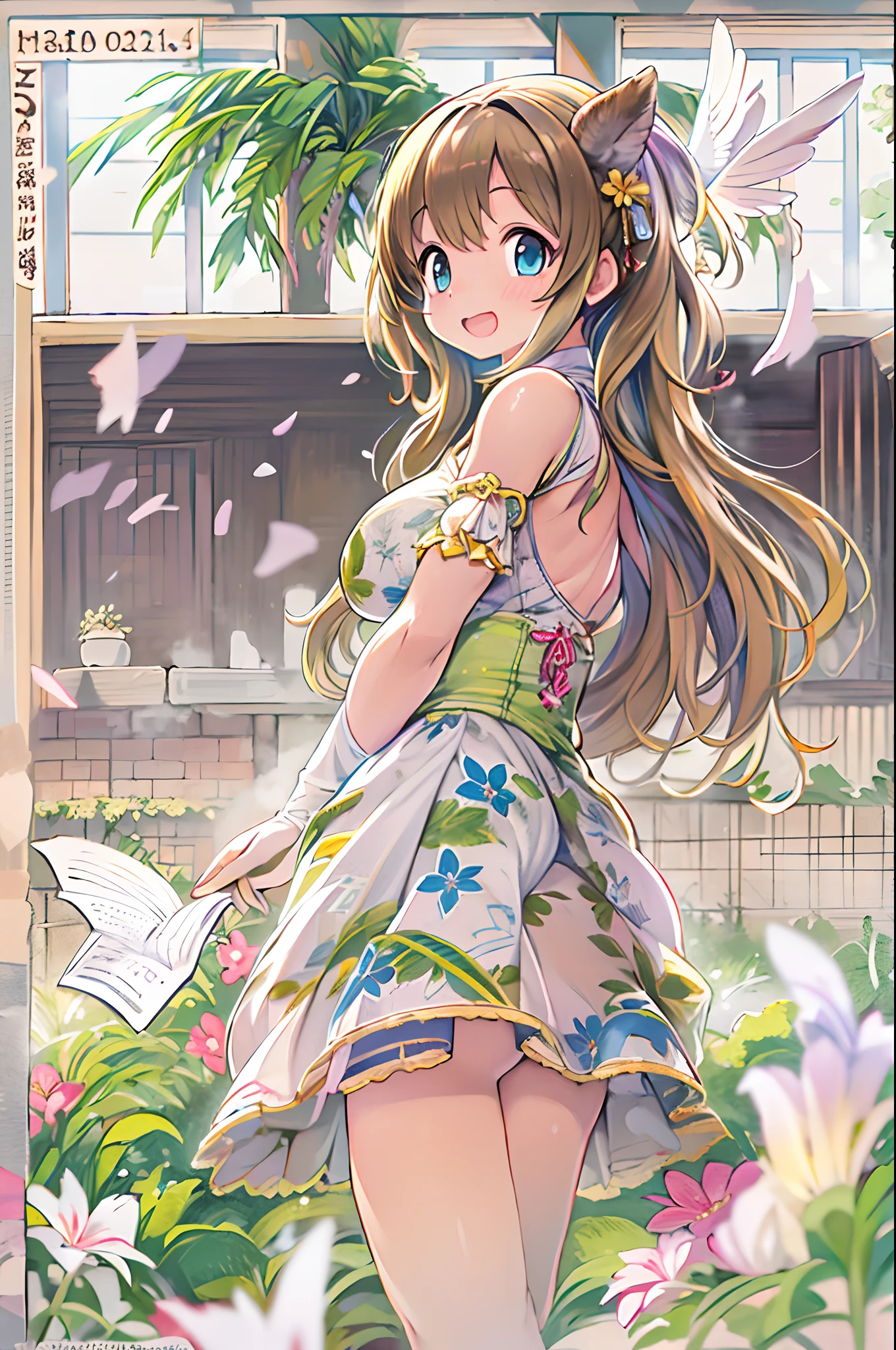 High resolution, Best Quality, masutepiece, Ultra high definition, Ultra high definition, A hyper-realistic, 。.3D, Anime, Illustration, Solo, Very beautiful and cute woman in her 20s, She wore a light floral miniskirt length dress、Flapping wings, Her hair is moving, Full body, Great perfect proportions, Glossy light brown medium hair, High layer cut, Bora hairstyle, Bright blue eyes, Happy, Shy