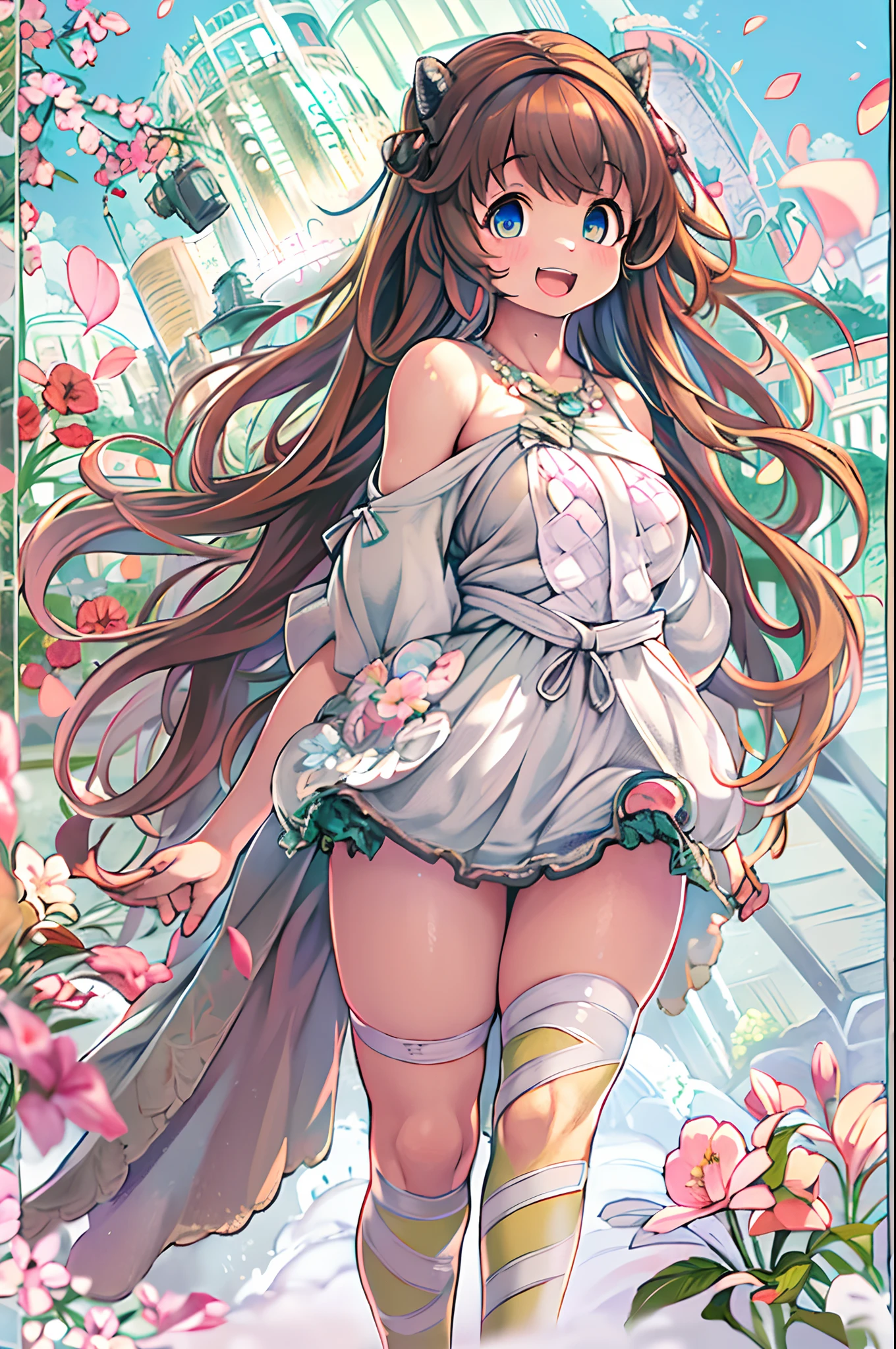 High resolution, Best Quality, masutepiece, Ultra high definition, Ultra high definition, A hyper-realistic, 。.3D, Anime, Illustration, Solo, Very beautiful and cute woman in her 20s, She wore a light floral miniskirt length dress、Flapping wings, Her hair is moving, Full body, Great perfect proportions, Glossy light brown medium hair, High layer cut, Bora hairstyle, Bright blue eyes, Happy, Shy