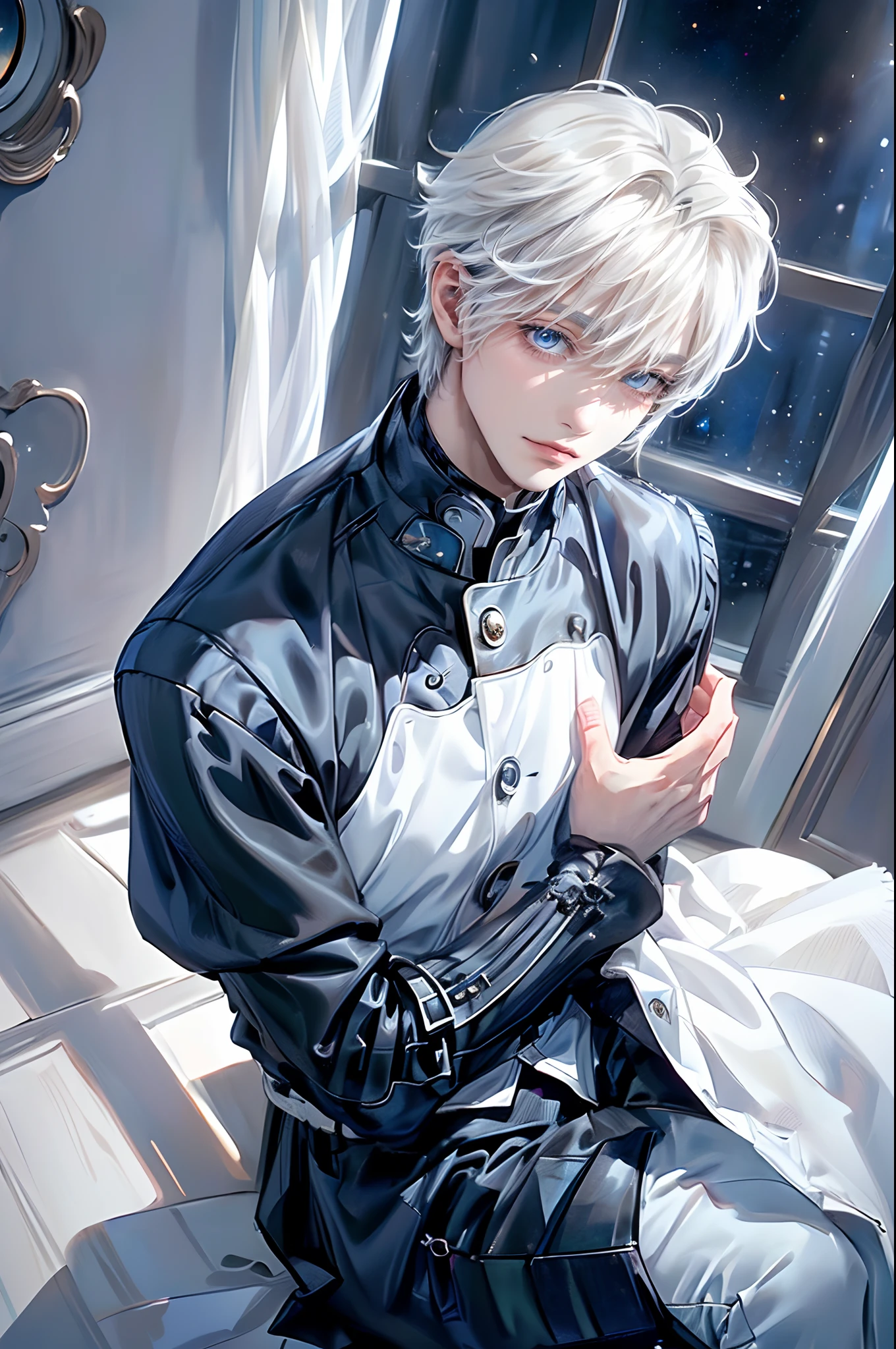 ((4K works))、​masterpiece、(top-quality)、One beautiful boy、Slim body、tall、((Black Y-shirt and white pants、Charming British knight style))、Please wear one jacket、(Detailed beautiful eyes)、Fantastic Night、((You can see the starry sky from the window))、Fantastic room at midnight、((Face similar to Carly Rae Jepsen))、((Short-haired white hair))、((Smaller face))、((Neutral face))、((Bright blue eyes))、((American adult male))、((Adult male 26 years old))、((Cool Men))、((Like a celebrity))、((Gentle look))、((Korean Makeup))、((elongated and sharp eyes))、((Happy dating))、((boyish))、((Upper body photography))、Professional Photos、((Shot alone))、((Shot from his front))、((Gentle expression))、((He is in front of the viewer))、((He comforts me))、((He's in the corner of the room))、((He reaches out here))、((He touches my cheek))、((Focus zoom in))、Solitude、suffocating