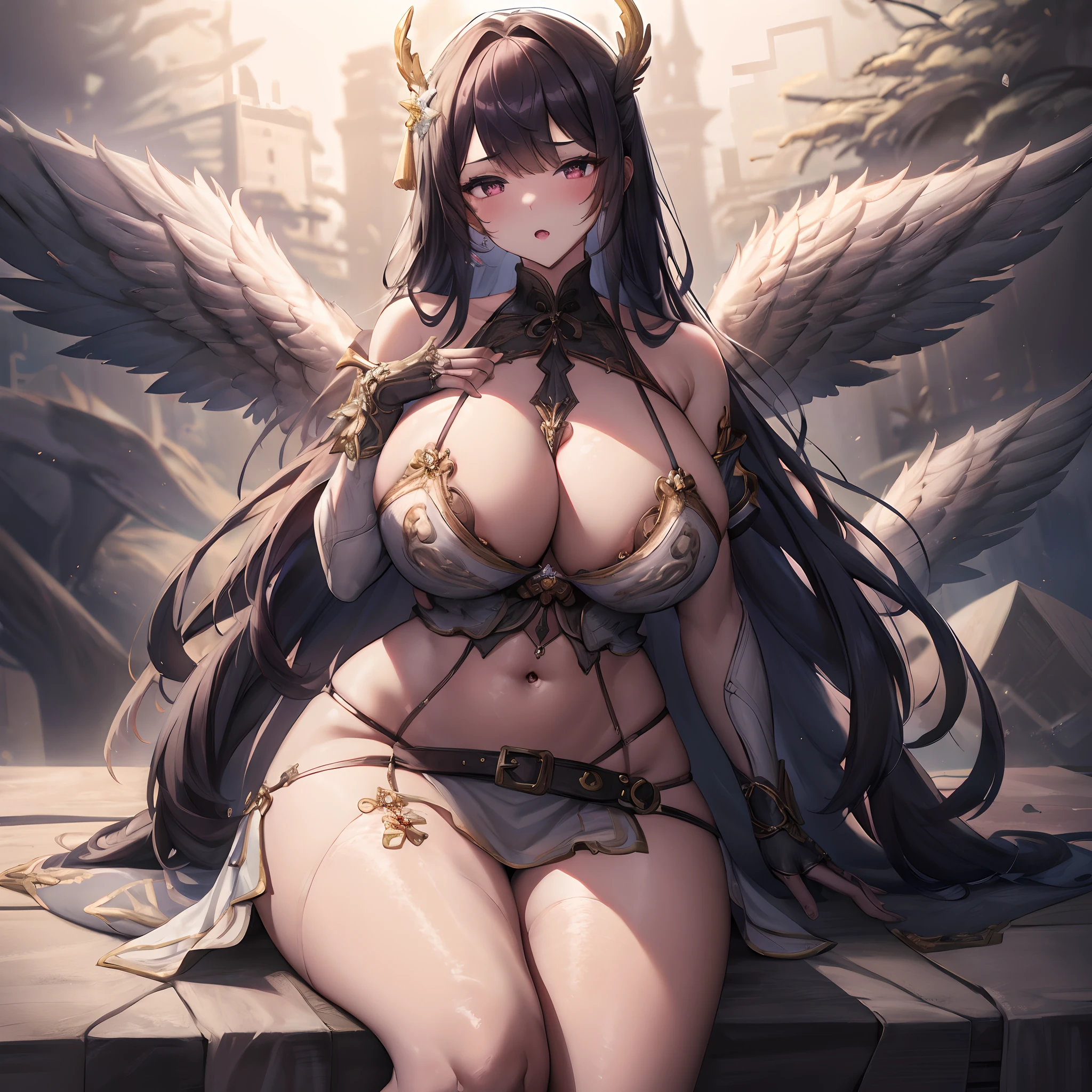 1girl in, Close Up Shot, (White hair, Medium Hair, Large breasts, Red Eyes), Perfect Anatomy, city, Cyberpunk style, ((White shirt, Black jacket, Black skirt, Navel, Belt bag, Black Gloves, neck tie, wrist watch, earrings, Looking through black leggings)), ((holding gun)), war, Ruined city, battle field, rubble, Buildings,cigarette(​masterpiece、top-quality、top-quality、Official Art、Beautifully Aesthetic:1.2)、(One Girl:1.3)、A highly detailed、(Fractal Art:1.1)、(colourfull:1.1)(florals:1.3)、The most detailed、(Zentangle:1.2)、(Dynamic poses)、(abstract background:1.3)、(shinny skin)、(many colors:1.4)、、(耳Nipple Ring:1.4)、(pluma:1.4)1 very mature female、superlative degree、​masterpiece、sitting on a bed、seductiv、pure white microbikini、lace stockings、Full body super close-up shot、SFW Cover SFW、very Bigger breasts、extremely big ass、thighs thighs thighs thighs、nipple covered、Areola cover、Blue-black long straight hair ribbon、dark Makeup、hair tie、Slightly open mouth、big eye、Glossy、Very pretty face、 Slender West、ultra gigantic tits、Abnormal big breasts incomparable beauty, Perfect slim body, mature royal sister face, Long hair, Curly hair, Knight Battlesuit, Sexy and seductive, Beautiful face, Full body portrait, Standing Pose, 4K picture quality, feminine expression, blush shyness, star-like deep eyes, Huge breasts, Short skirt, sword and magic. Bust is larger, fighting with Warcraft, SPEEDLINE, best qualtiy, Masterpieces. double ponytails（​masterpiece:1.4）、（top-quality：1.4）、（Very cute angel girl、hyperdetailed face、Eyes Like Gems、white very long hair、Colorful gradient hair:1.4）、（ring of angels：
1.4）、（Angel wings：1.4）、（full bodyesbian、Perfect two arms、Perfect two legs:1.4）、Perfect four fingers:1 thumb、optic、brilliance、Bokeh、Ultra-fine