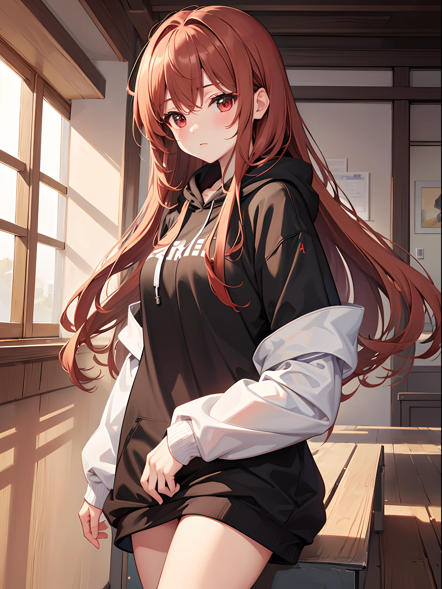 masterpiece, highest quality, Ogenstachion\(umamusume\), solo, cowboy shot block_eye,white coat, black pantyhose, Finger over sleeves, yellow sweater, black tie, Uma Musume, horsetail, brown haired, red eye,NSFW,pussy,nipple,sex,pussy,full nude