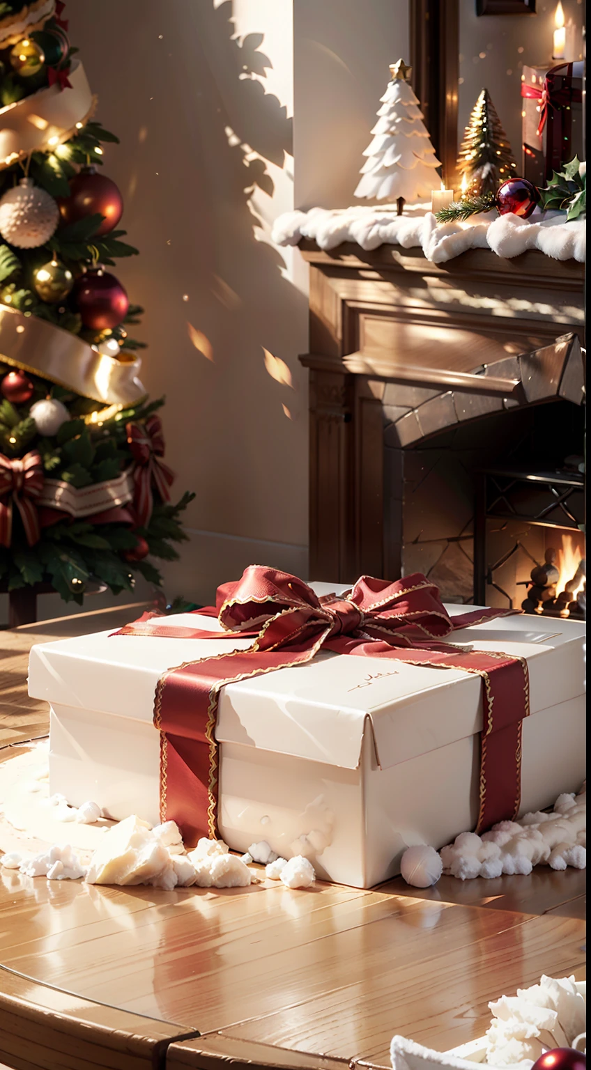 Extreme close-up，Clear，tmasterpiece，Christmas table，It is stocked with delicious Christmas food and wine，Bright natural light，Surrounded by a beautiful gift box，toys，liveroom，C4D，Empty product display scene，Positive perspective