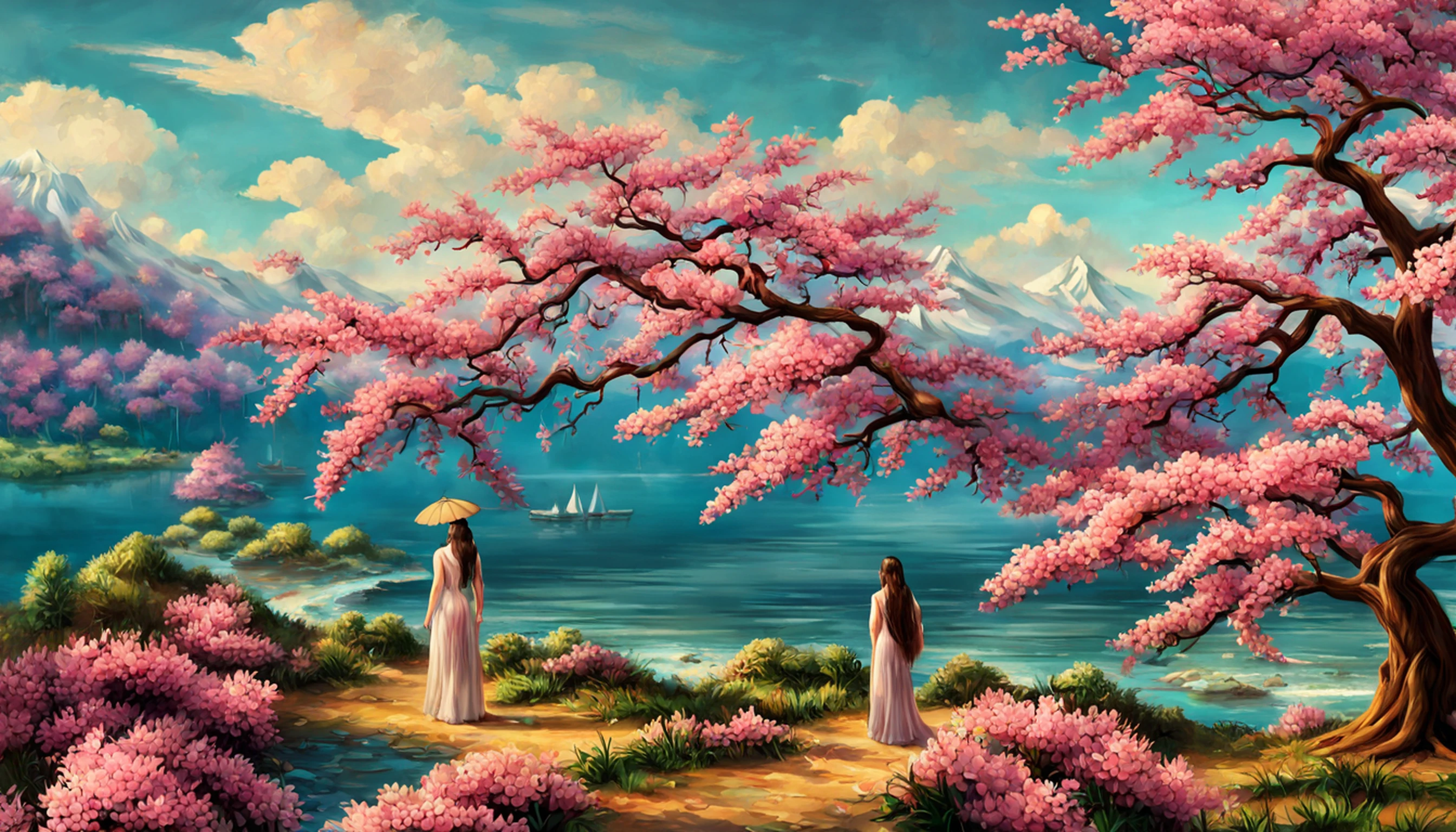 obra-prima, melhor qualidade, alta qualidade, papel de parede 32k extremamente detalhado da unidade CG, an enchanting front view scene of crystal clear lagoon in Japan, Cherry trees in the background, nascer do sol, creating a sense of mystique and enchantment, arts station, intricado, trending, fotografia premiada, Bokeh, profundidade de campo, HDR, flor, chromatic aberration, fotorrealista, extremamente detalhado, trending in the artstation, trend at CGSociety, intrincado, alto detalhe, dramatic, arte no meio da jornada, with a Dragon Empress "Michelle Pfeifer", olhos realistas, cabelo preto, olhos azuis, seios pequenos, Vestido setin coreano sensual, paisagem maligna, ethereal beauty, (Fantasy Illustration:1.3), olhar encantador, pose cativante, garota solo, charme sobrenatural, mystical sky, gazebo,(Escultura em papel:1.5),Stooping, (Mar de nuvens brancas:1.3), (nuvens brancas:1.3), (peach blossom:1.2), montanhas, soft lighting,Elementos Orientais, sonhador, pastels colors, cores brilhantes, Traditional Chinese color scheme, ( Reasonable design, linhas claras, Alta nitidez,melhor qualidade, Very detailed, master part, Arte Oficial, Efeito de luz do filme, 4k ),