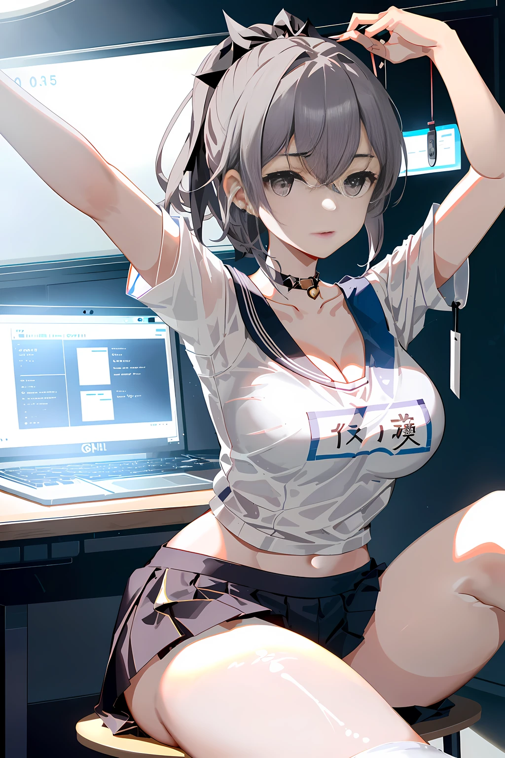 1girll, 独奏, ((white shirt)), Snow-white thighs, nedium breasts,,Sailor shirt, white kneehighs, office backdrop, office room, hair between eye,big cleavage breasts, long whitr hair, looking at viewert, silver short nails, Gray eye, 独奏, Long slender legs, ((tmasterpiece)), Reclining back to the table, a chair, desks, Computer on the desk, name badge, ID tags, inside in room, Be red in the face, A sexy pose, with hands behind her back,((Office top)),