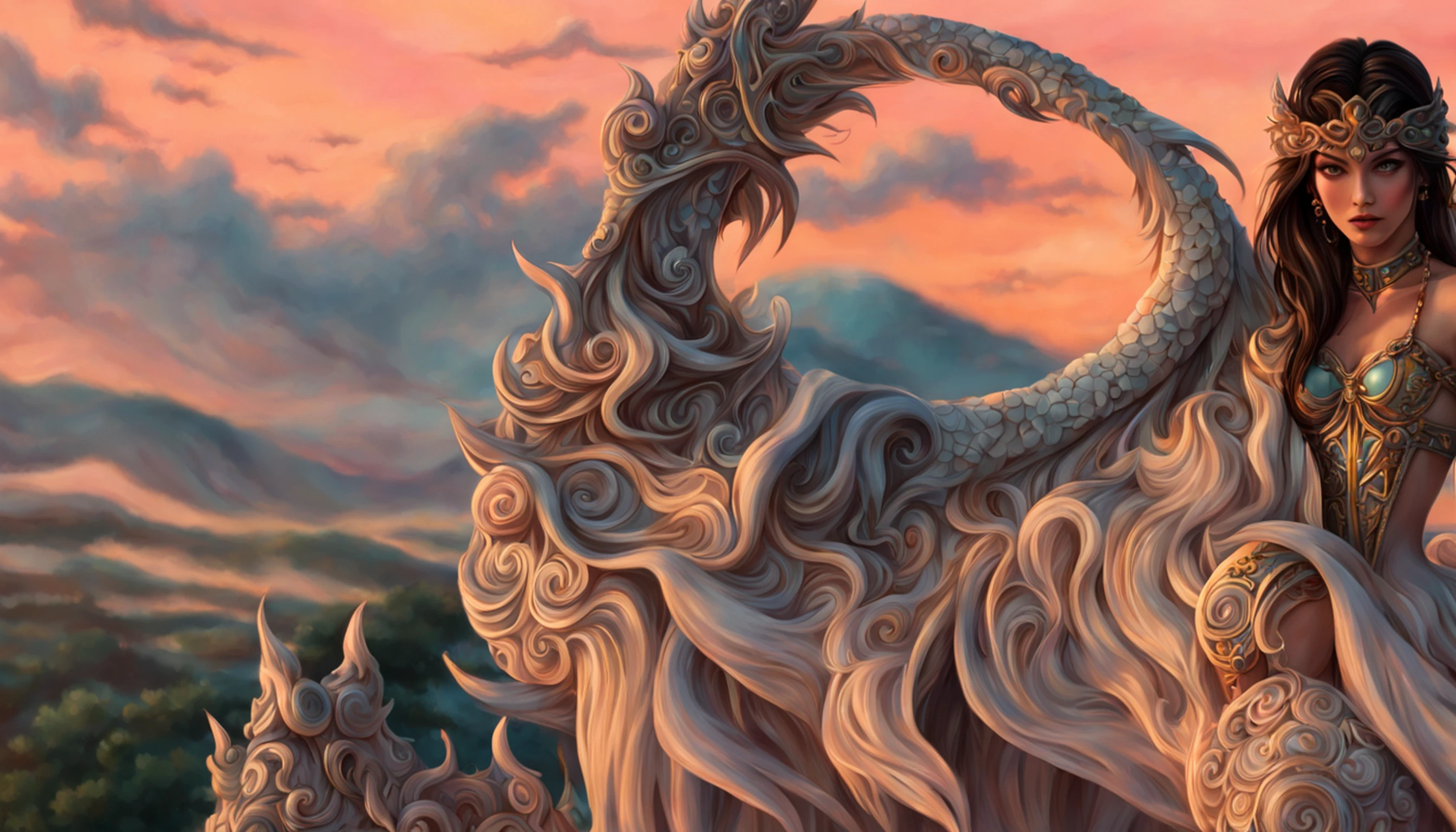 ((melhor qualidade)), ((obra-prima)), (detalhado), Empress Dragon "Michelle Pfeifer", olhos realistas, cabelo preto, olhos azuis, seios pequenos, Vestido setin coreano sensual, paisagem maligna, ethereal beauty, (Fantasy Illustration:1.3), olhar encantador, pose cativante, garota solo, charme sobrenatural, mystical sky, gazebo,(Escultura em papel:1.5),Stooping, (Mar de nuvens brancas:1.3), (nuvens brancas:1.3), (peach blossom:1.2), montanhas, soft lighting，Elementos Orientais, sonhador, pastels colors, cores brilhantes, Traditional Chinese color scheme, ( Reasonable design, linhas claras, Alta nitidez,melhor qualidade, Very detailed, master part, Arte Oficial, Efeito de luz do filme, 4k ),