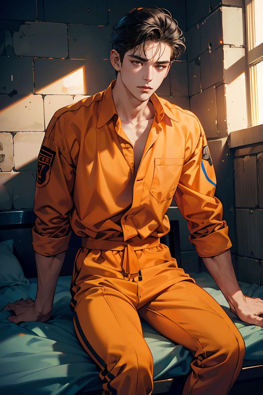 1 boy,perfect male body,look at the camera, (Orange prison uniform,prisoner,Sitting on the iron bed),prison cell, concrete walls,black hair,forehead,dramatic shadow,Ray tracing, Best quality, Cinematic lighting, Extremely detailed CG, 8K wallpaper,Complicated