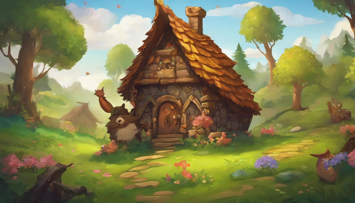 crie uma imagem de uma trilha no meio da floresta, um garoto e uma garota, casa feita de doces