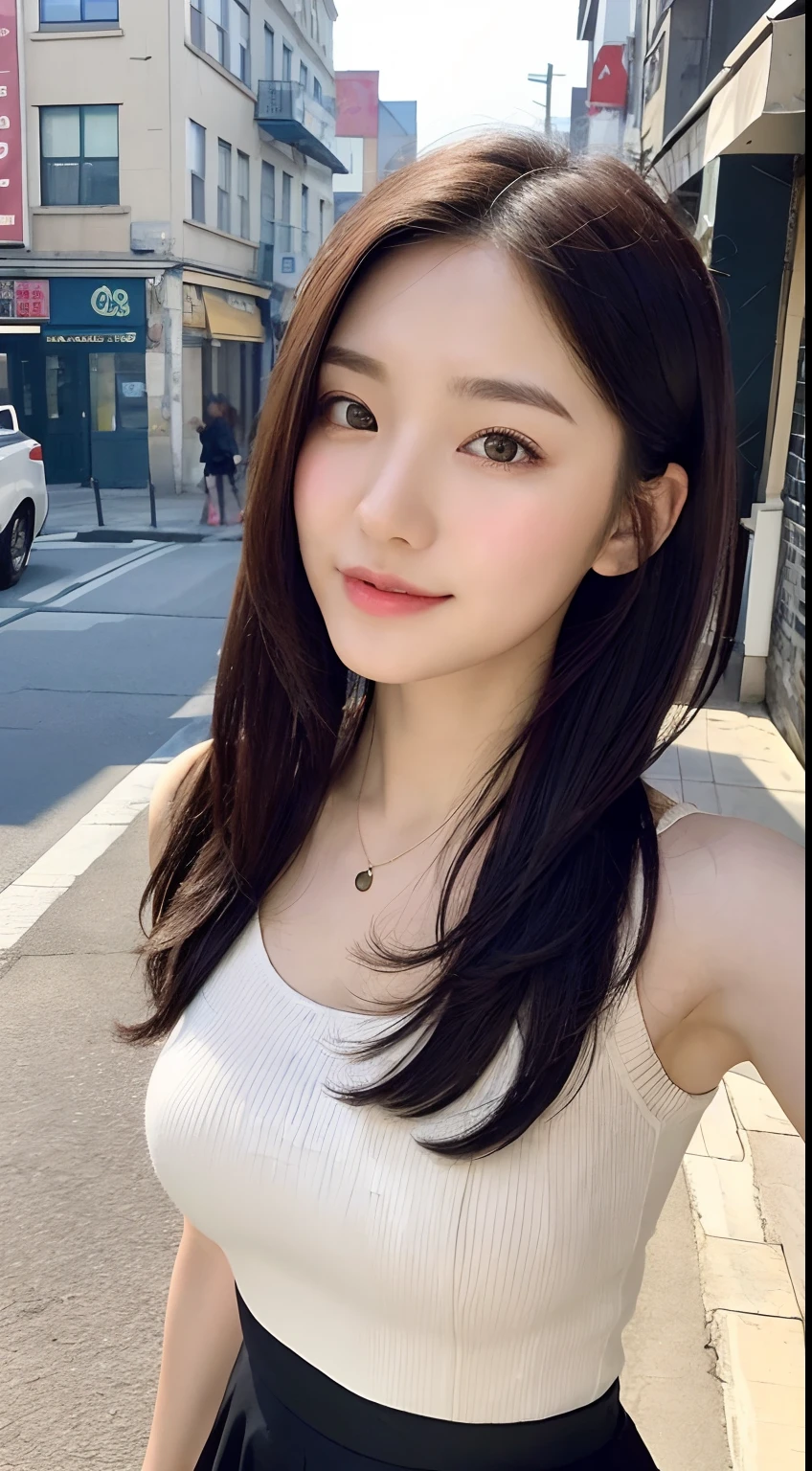 ((best qualtiy,8K,tmasterpiece:1.3)),Perfect beauty:1.4,glute:1.2,(Layered Hair Style:1.2)),(the street:1.3),Highly Detailed Face and Skin Textur,full bodyesbian,Elaborate Eyes,二重まぶた,Whitens the skin,Short wave hair,Cute Korean beauty(with a round face:1.5),(Black top,short skirt:1.6)ssmile