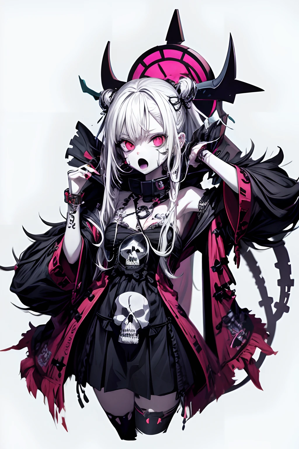 (masterpiece:1.2), best quality,PIXIV,Rebellious girl,portrait,
1girl, (Gothicpunk fashion and Rock fashion.)hat, open mouth, sharp teeth, (Golden canine:1.4)white hair, solo, teeth, long hair, white background, hard Rock jewelry, badge, button badge, pink eyes, earrings, Rainbow Flower background, (Gothic sleeveless dress:1.8)eyelashes, from side, star (symbol), profile, (Face forward:1.5)clothes writing, zipper, collar, cable, chain, tongue, heart, hat ornament, piercing, barcode, portrait, sticker, hoodie, smile, spikes, monster design cap(Sticking out tongue:1.8)
mad monster cap.(The valley of the chest and the attractive large chest:1.2)、The top dog of the demon world is nearby:1.2、(Elastic, three-dimensional large breasts、Breast gloss:1.5)(1 Monster Dog:1.5)(A hat designed with a monster with a mouth:1.3)(Sticking out tongue)(Exposing shoulders、See-through shoulders)(Very detailed beautiful lips and tongue、Gothic Gal Makeup:1.2)Highly detailed, beautifully shaped tongue、(Skull Corsage)