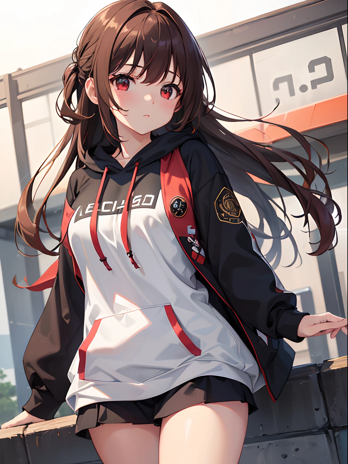 ((4K, master piece, Best Quality)), 1girl in, Light brown SHRT hair, Red Eyes, center parted hair, medium breasts, Cute, blush, oversize hoodie