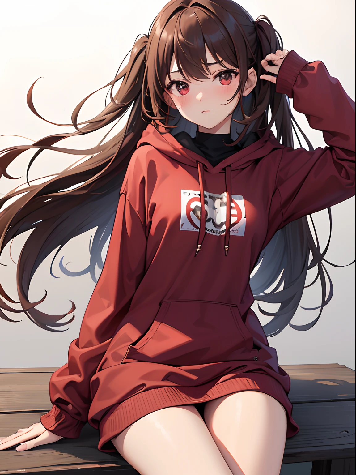 ((4K, master piece, Best Quality)), 1girl in, Light brown SHRT hair, Red Eyes, center parted hair, medium breasts, Cute, blush, oversize hoodie