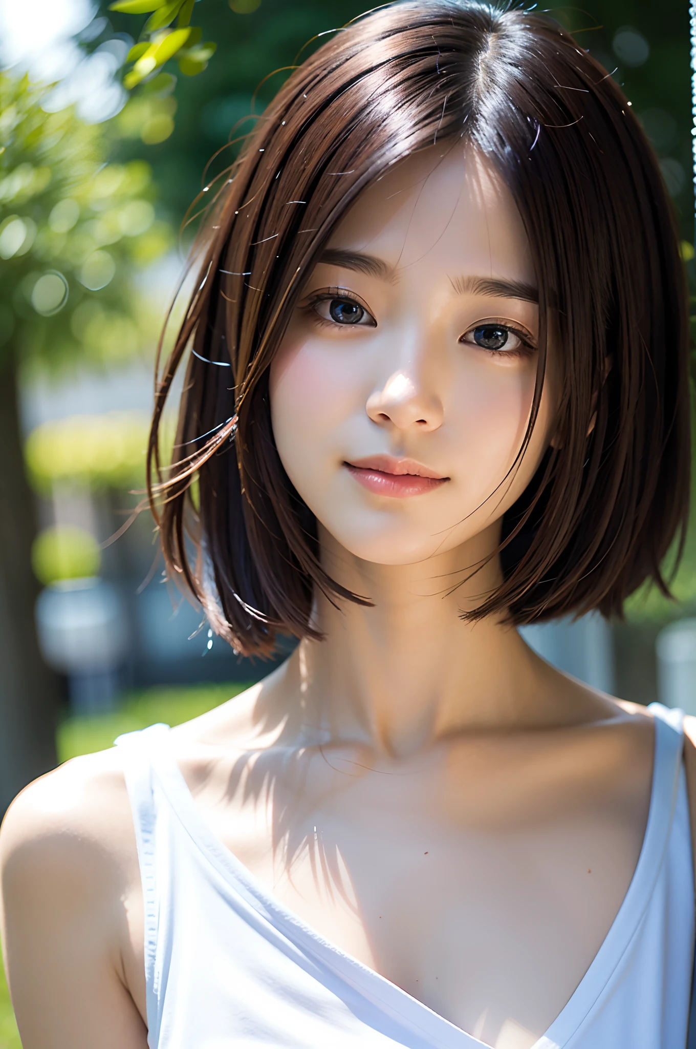 15-year-old girl, short hair, white top. closeup shot.