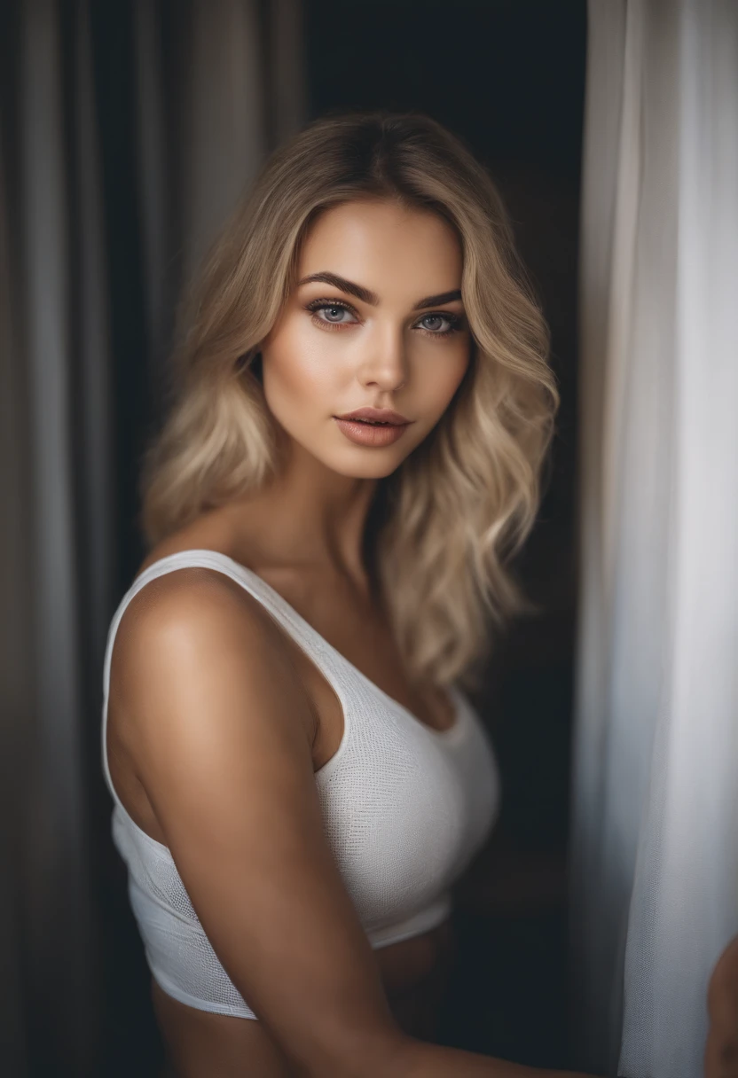 woman with matching tank top and panties, fille sexy aux yeux bleus, Portrait Sophie Mudd, Portrait de Corinna Kopf, cheveux blonds et grands yeux, selfie of a young woman, ohne Maquillage, maquillage naturel, Look directly into the camera, Visage avec Artgram, dezentes Maquillage, Superbe photo du corps entier, dans la chambre, gros seins, Blonde, big boobs