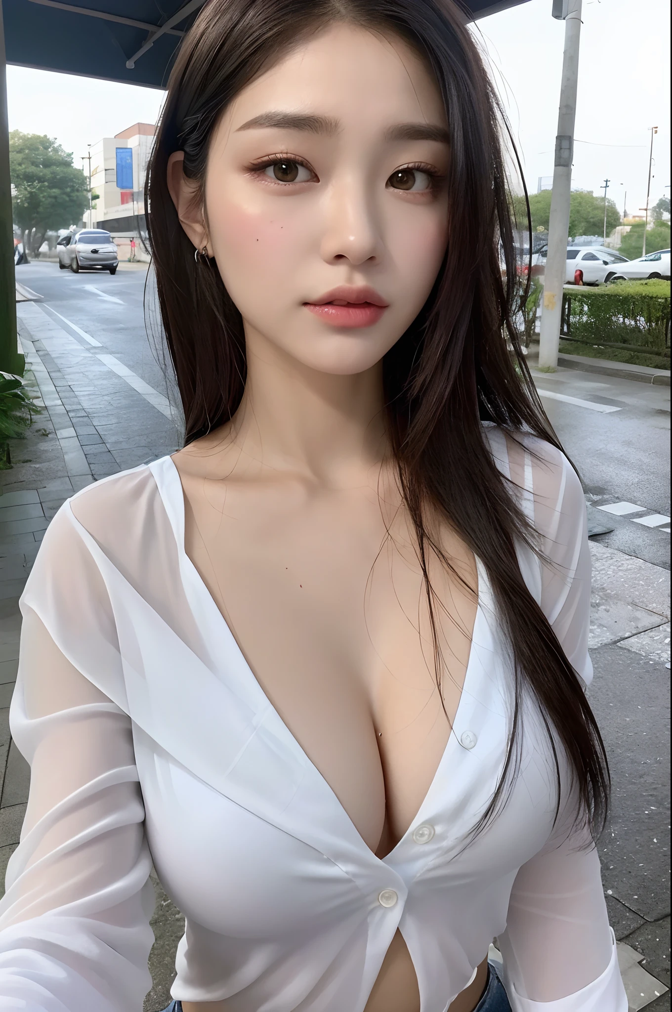 ((Best Quality, 8K, Masterpiece: 1.3)), Sharp: 1.2, Perfect Body Beauty: 1.4, Slim Abs: 1.2, ((Layered Hairstyle, Large Breasts: 1.2)), Cleavage, (Wet White Unbuttoned Long Shirt: 1.1), (Rain, Street: 1.2), Wet: 1.5, Highly detailed face and skin texture, detailed eyes, double eyelids, side face looking at the camera