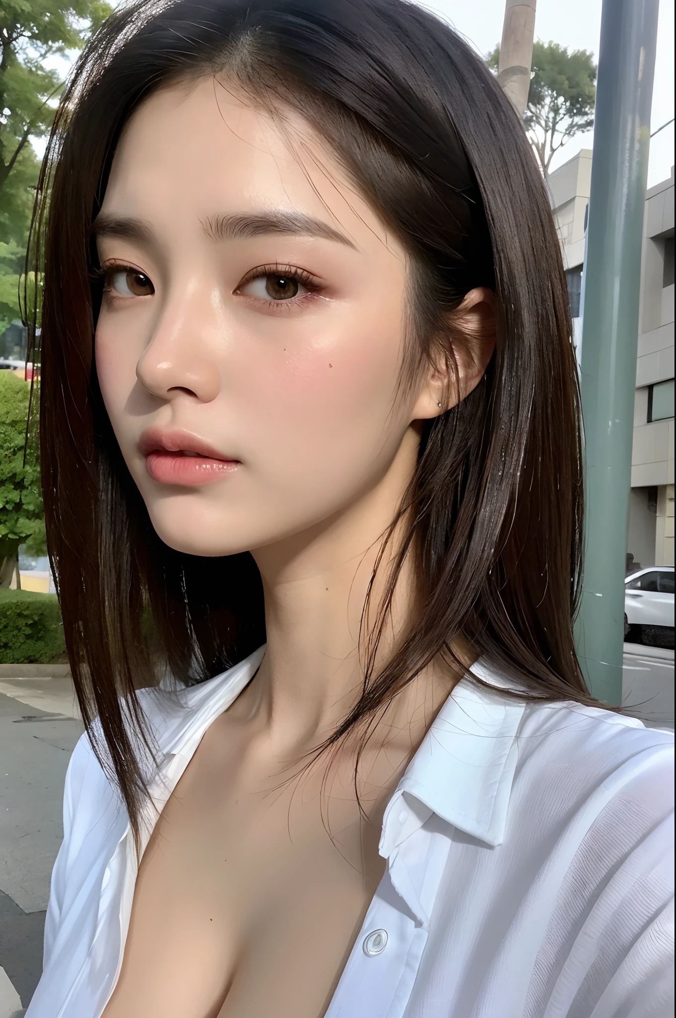 ((Best Quality, 8K, Masterpiece: 1.3)), Sharp: 1.2, Perfect Body Beauty: 1.4, Slim Abs: 1.2, ((Layered Hairstyle, Large Breasts: 1.2)), Cleavage, (Wet White Unbuttoned Long Shirt: 1.1), (Rain, Street: 1.2), Wet: 1.5, Highly detailed face and skin texture, detailed eyes, double eyelids, side face looking at the camera
