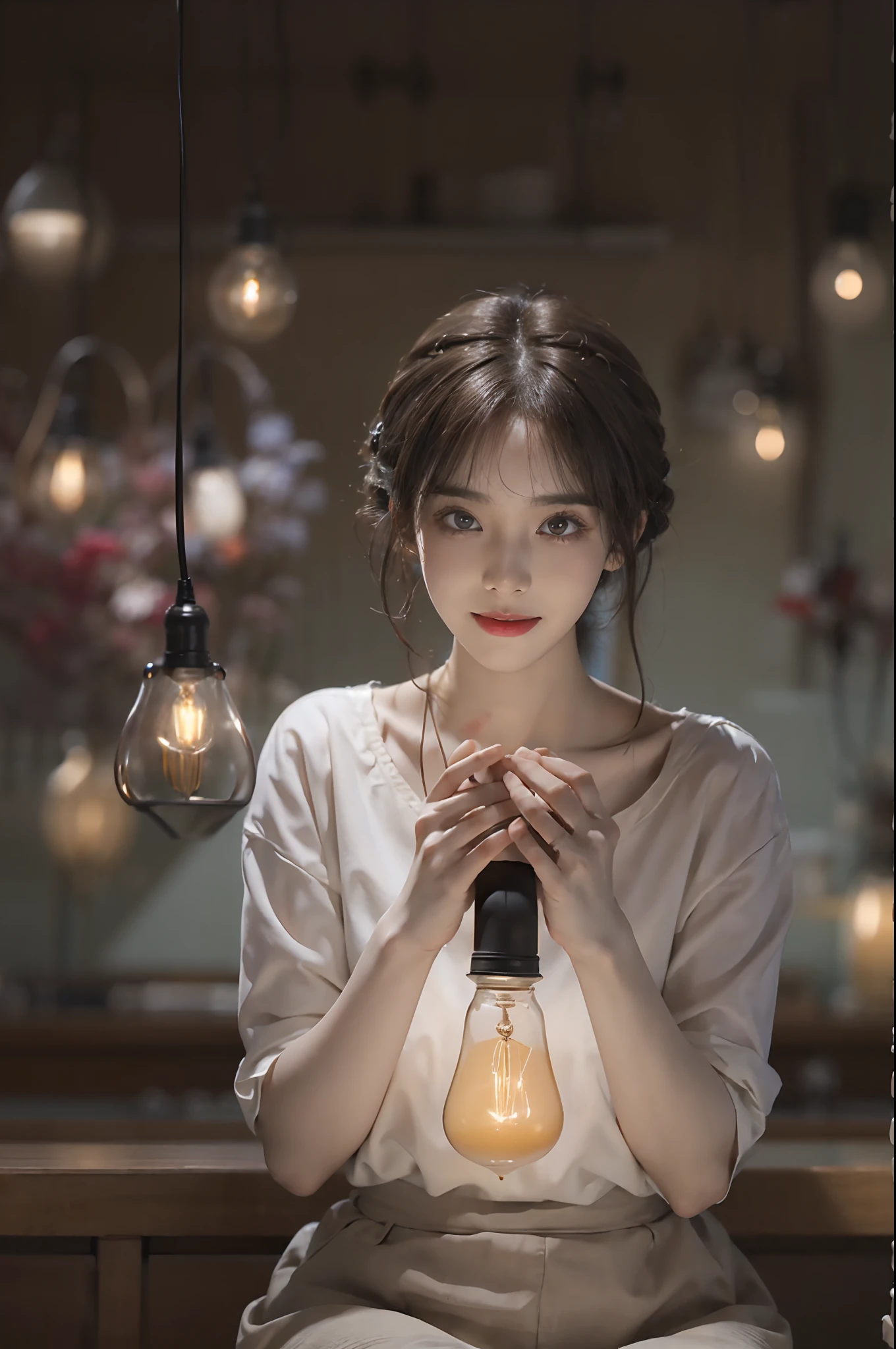 ((top-quality、8K、masterpiece:1.3))、Full body posture、foco nítido:1.2、(realisitic、Photorealsitic:1.37)、((beautiful smiling face))、Gaze towards the viewer、Beautiful Face Woman、32years old、pointed chest、long eyeslashes、Colorcon、Big 、delicated、Very detailed eyes、Highly detailed eyebrows、(Sharp Eyebrows)、(Thin eyebrows)、very vey very detailed face、((Brunette short disheveled hair)),Clothed、Detailed background(8K、masterpiece、top-quality、Raw foto) 、In the darkness, Many small light bulbs glow faintly.
Woman sitting under a light bulb, Holding in your hand the cord connected to it. She is thinking about what to do with the light bulb. Is she trying to make something with it? Or is she afraid that it will disappear? Her face is a mixture of curiosity and anxiety.Edison's worldview、1880 year、invention