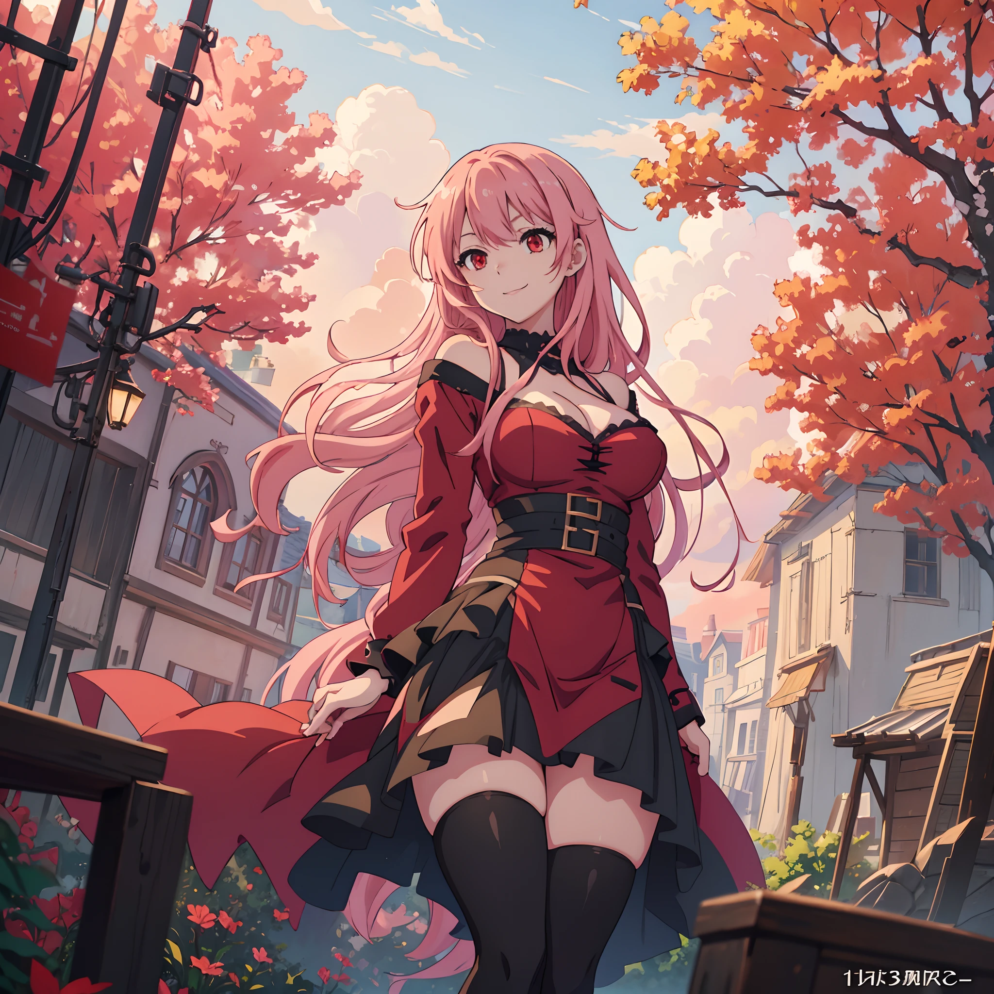 vibrant colors, girl, masterpiece, sharp focus, best quality, depth of field, cinematic lighting, (anime screencap:1.4), red eyes, pink hair, smile, very long hair, thick thighs, outdoors, black legwear, town, trees, clouds, foliage, red and black dress, sexy, large breasts, cleavage, skinny