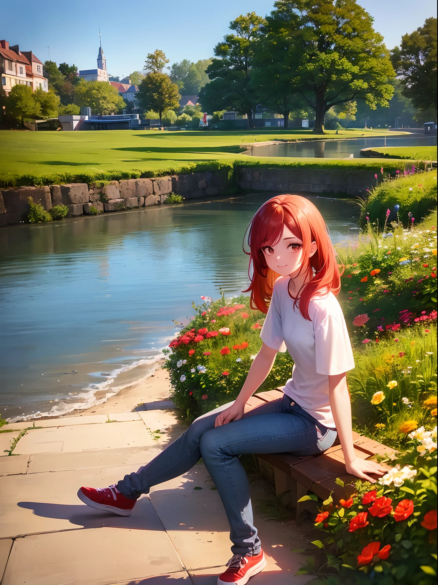 Digital Art, (girl, Red_hair, Flowers, baggy jeans, White shirt, discret smile, Cute look), (Sitting on a bench, river in the background, the golden hour),, Daniil Sponitsky Dzegman
