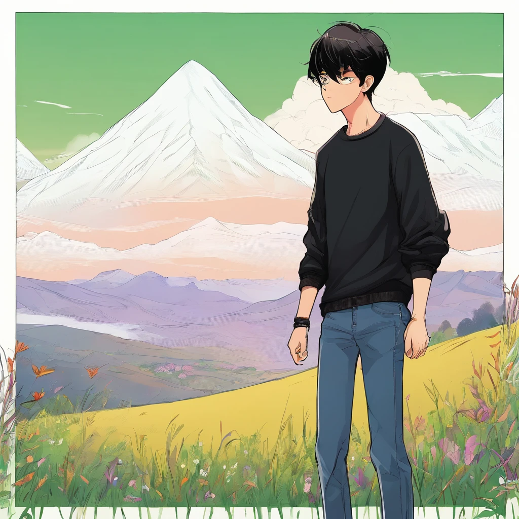 nature, grass, mountain background, breeze, 1asian boy, black sweater, black jeans, black shoes, short hair, facing front, standing, fierce look, masculine, close-up